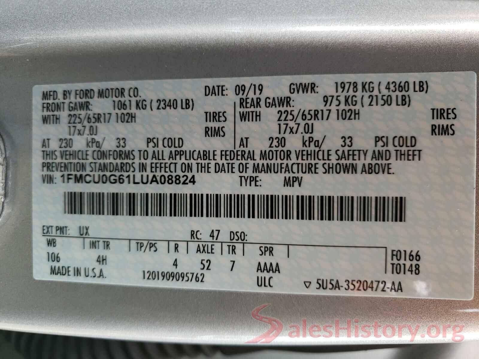 1FMCU0G61LUA08824 2020 FORD ESCAPE