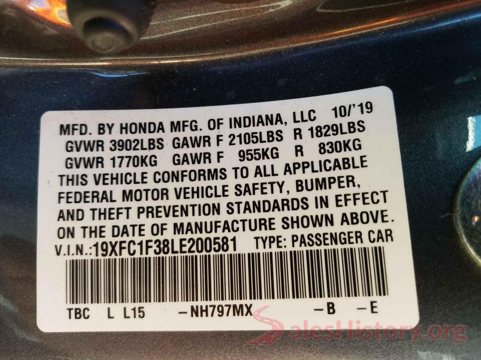 19XFC1F38LE200581 2020 HONDA CIVIC