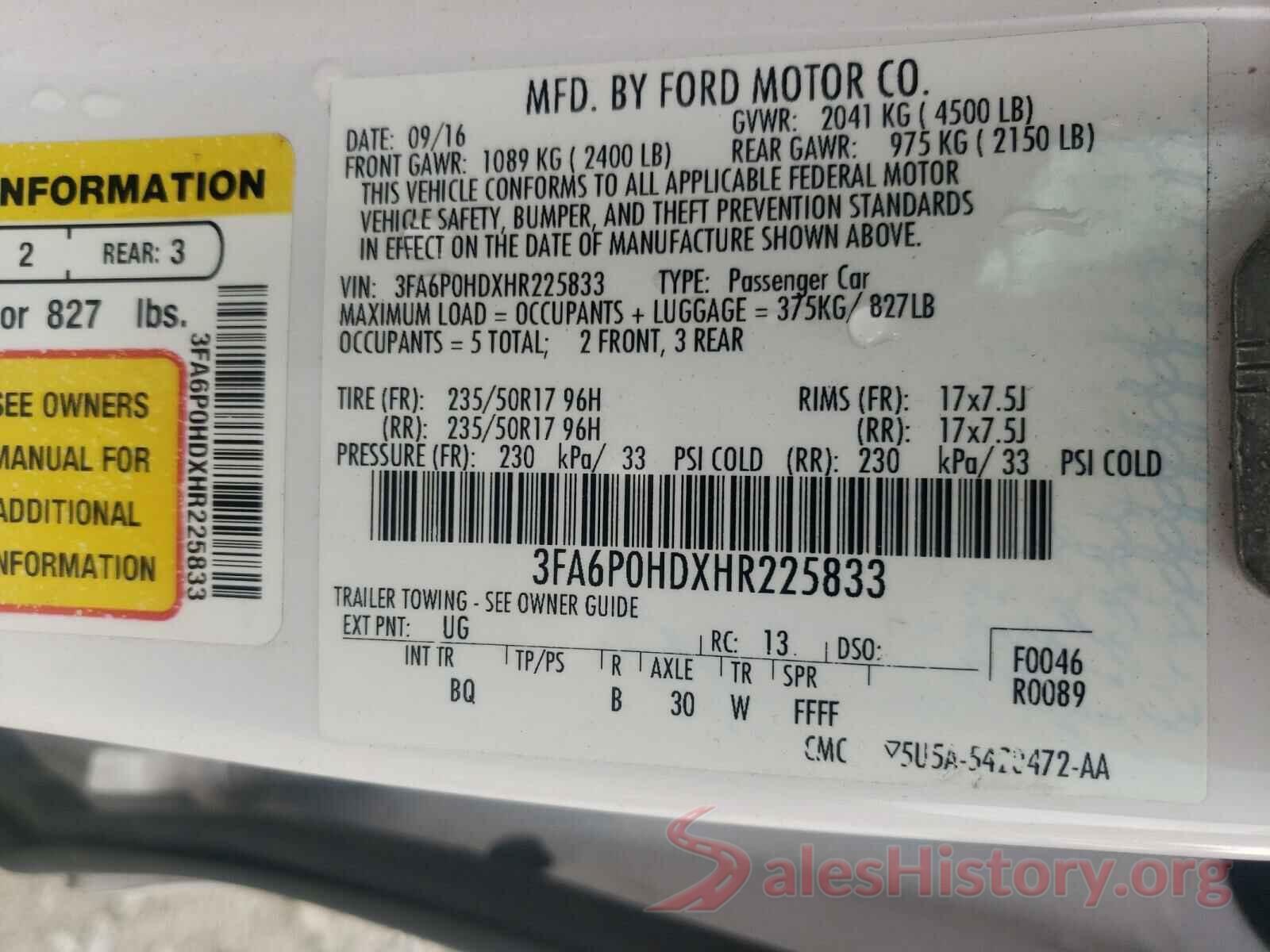 3FA6P0HDXHR225833 2017 FORD FUSION