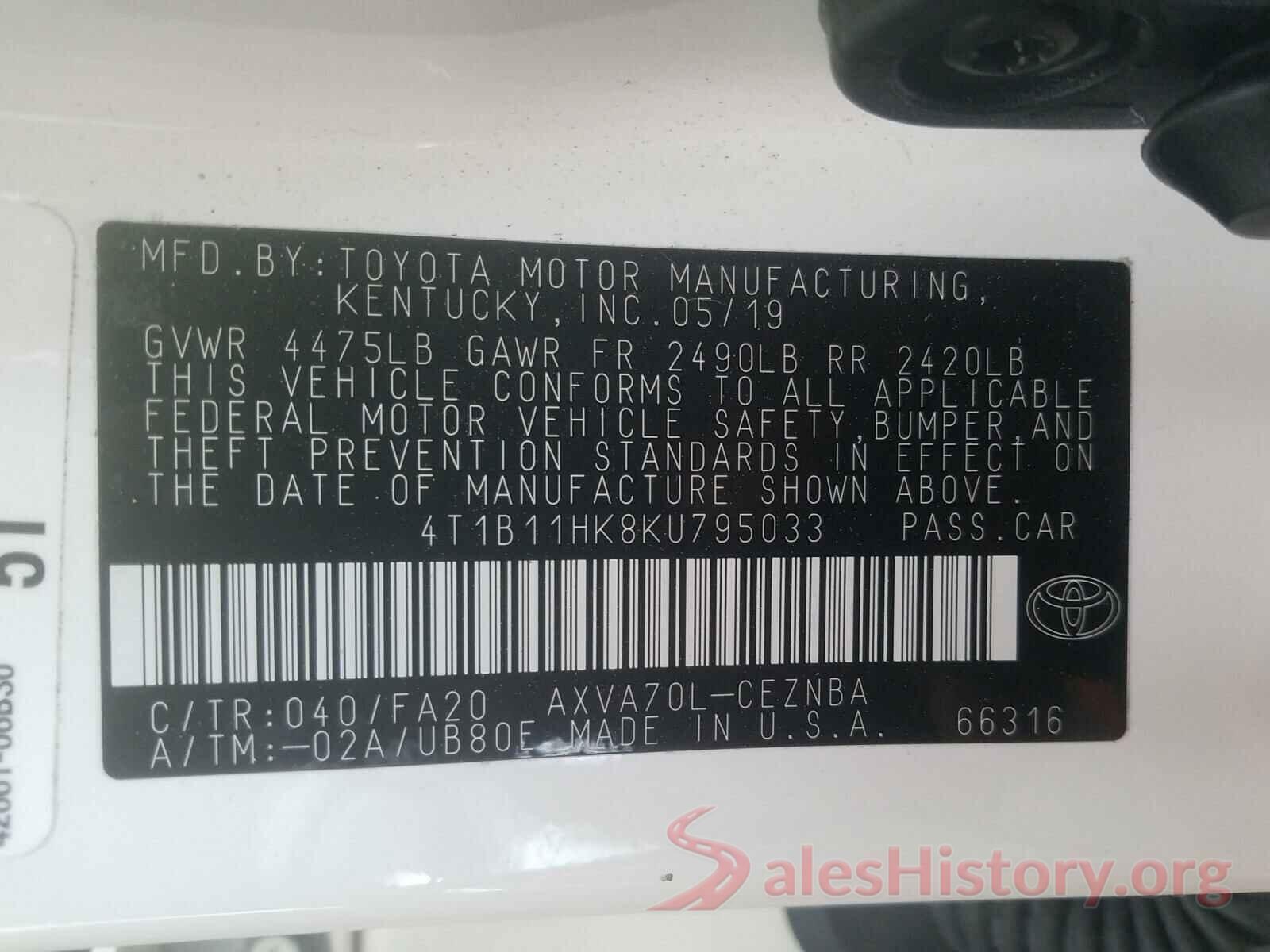 4T1B11HK8KU795033 2019 TOYOTA CAMRY