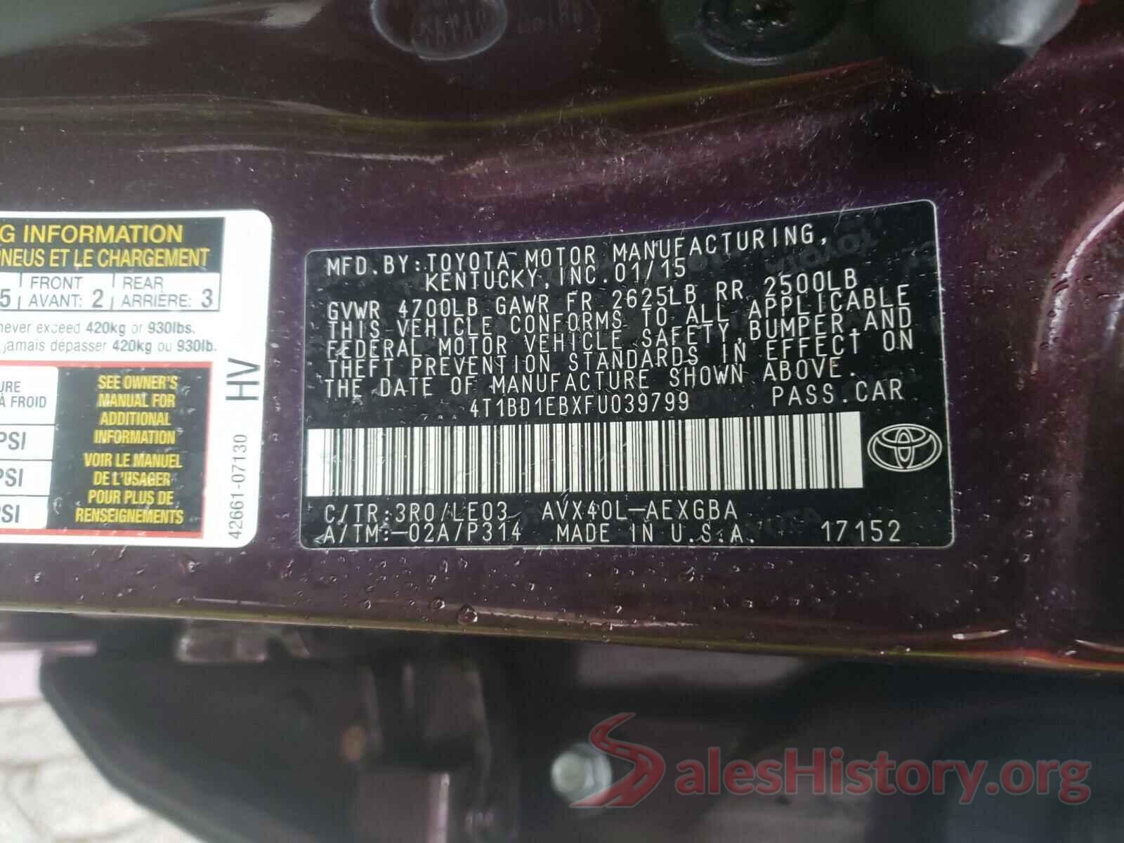 4T1BD1EBXFU039799 2015 TOYOTA AVALON