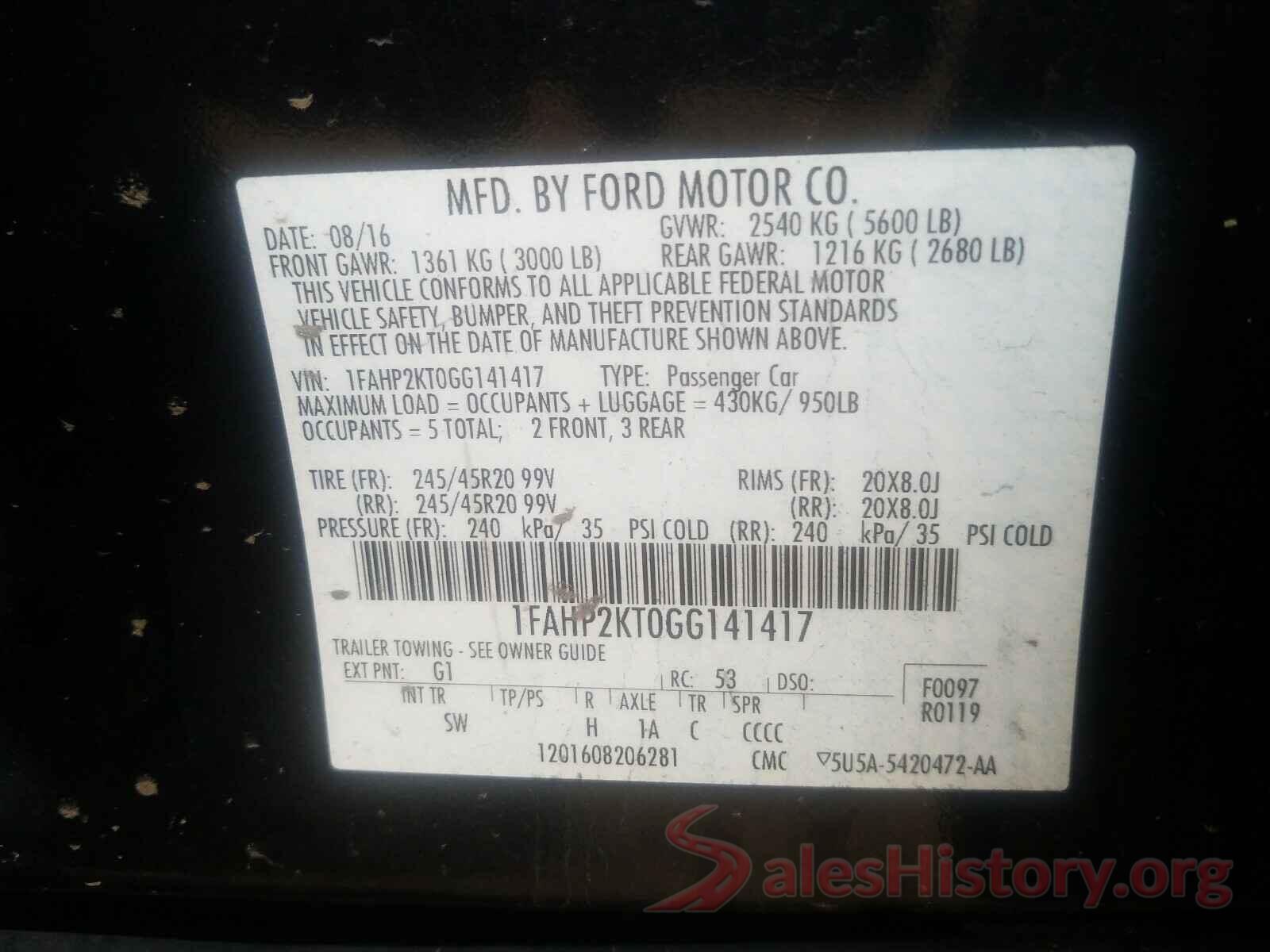 1FAHP2KT0GG141417 2016 FORD TAURUS