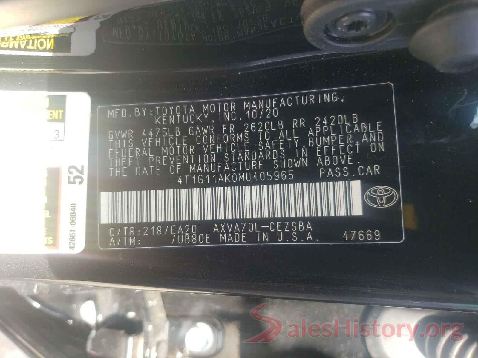 4T1G11AK0MU405965 2021 TOYOTA CAMRY