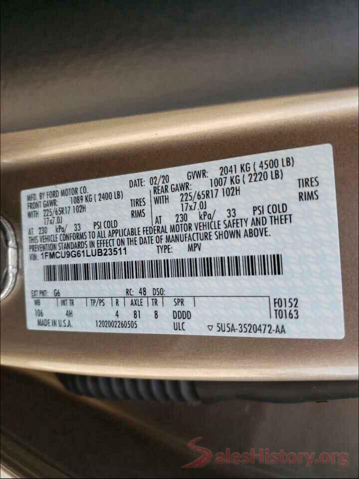 1FMCU9G61LUB23511 2020 FORD ESCAPE