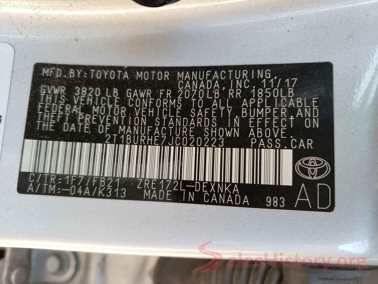 2T1BURHE7JC020223 2018 TOYOTA COROLLA