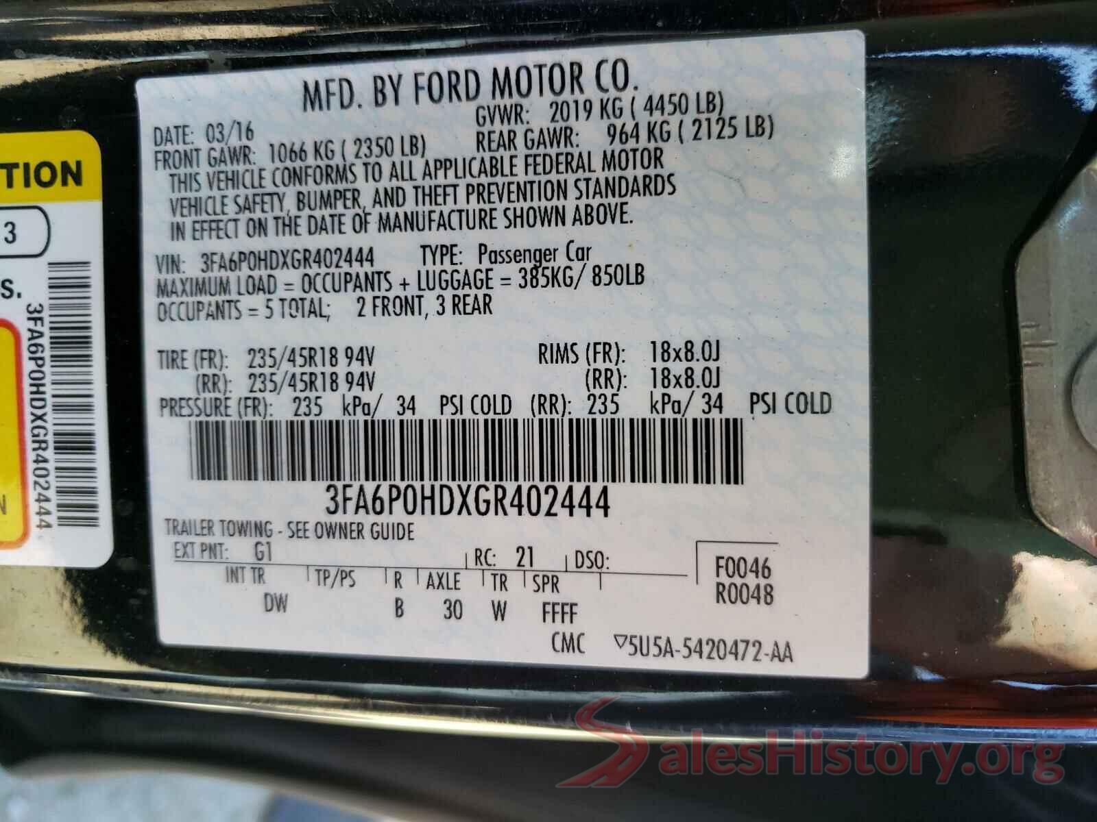 3FA6P0HDXGR402444 2016 FORD FUSION