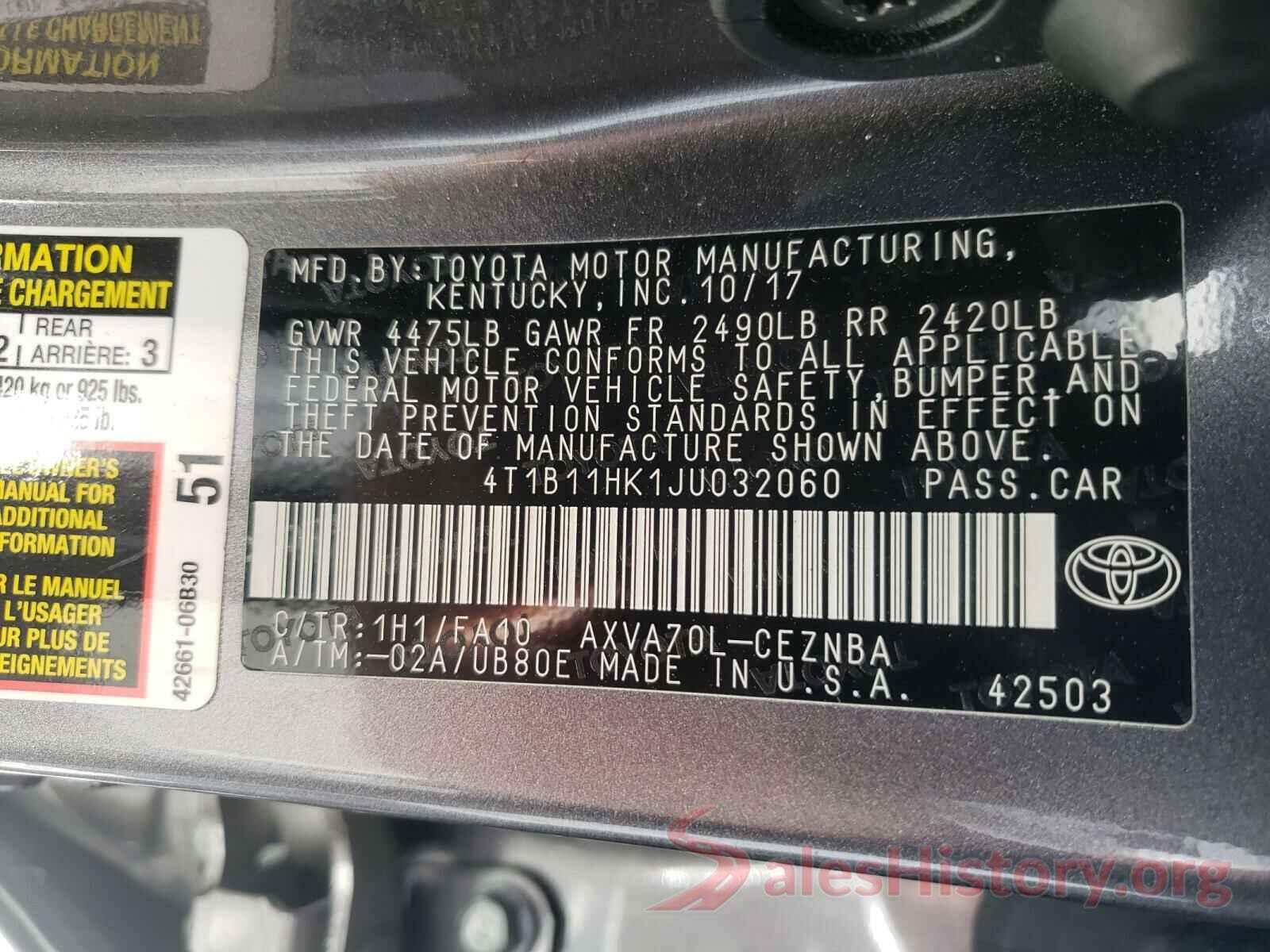 4T1B11HK1JU032060 2018 TOYOTA CAMRY