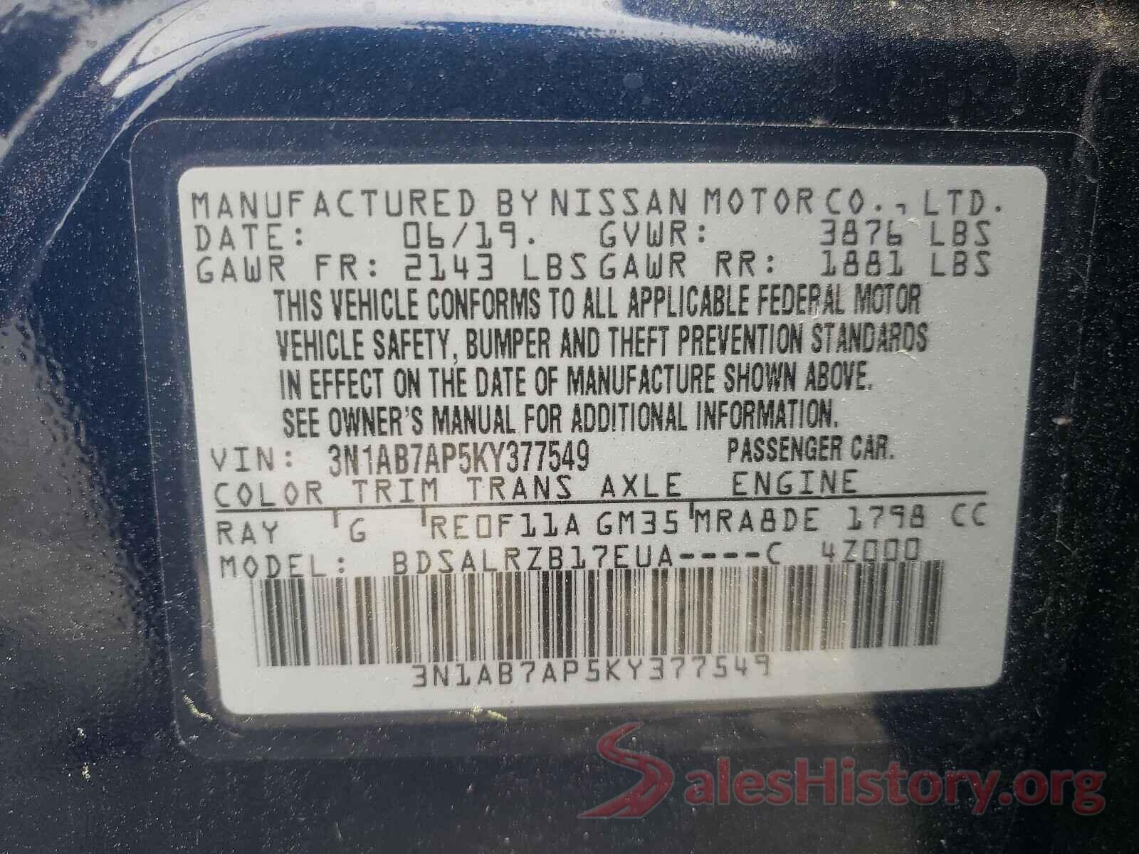 3N1AB7AP5KY377549 2019 NISSAN SENTRA