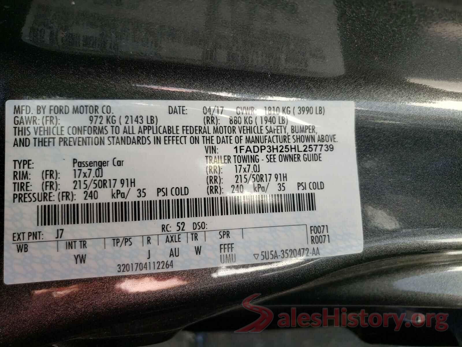 1FADP3H25HL257739 2017 FORD FOCUS