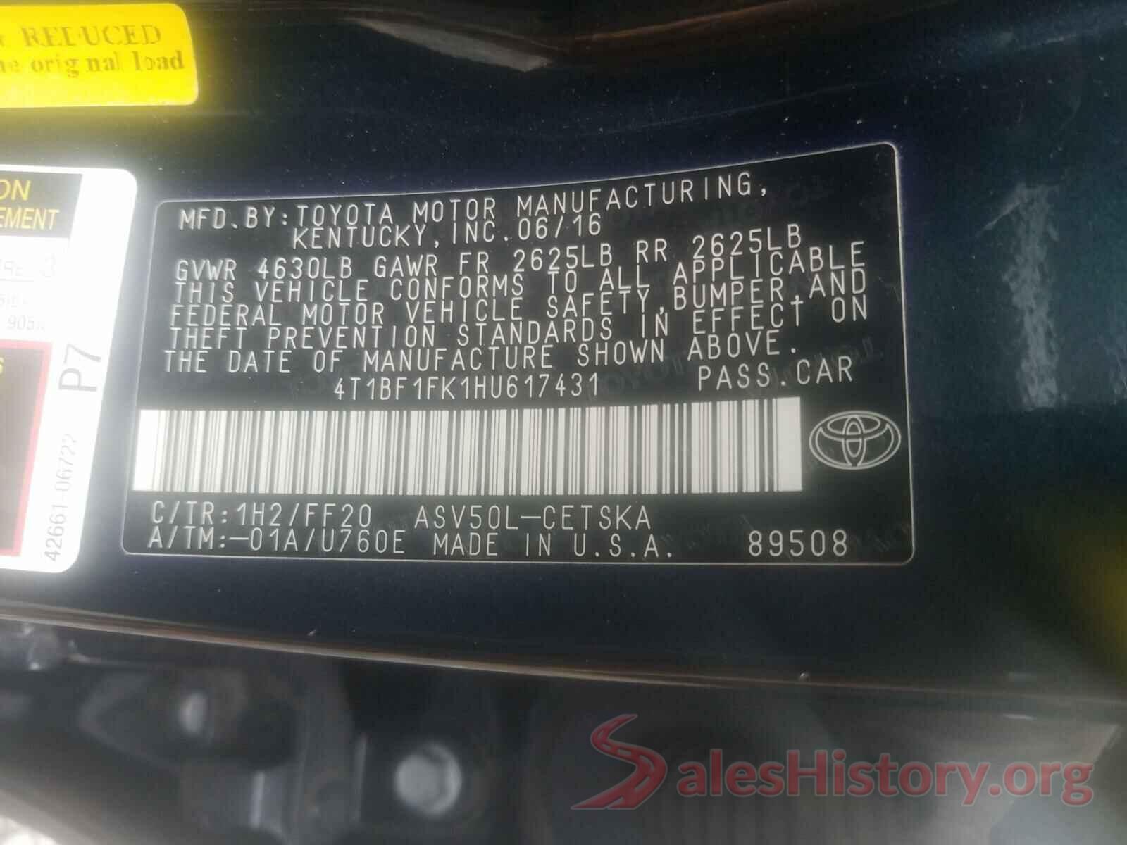 4T1BF1FK1HU617431 2017 TOYOTA CAMRY