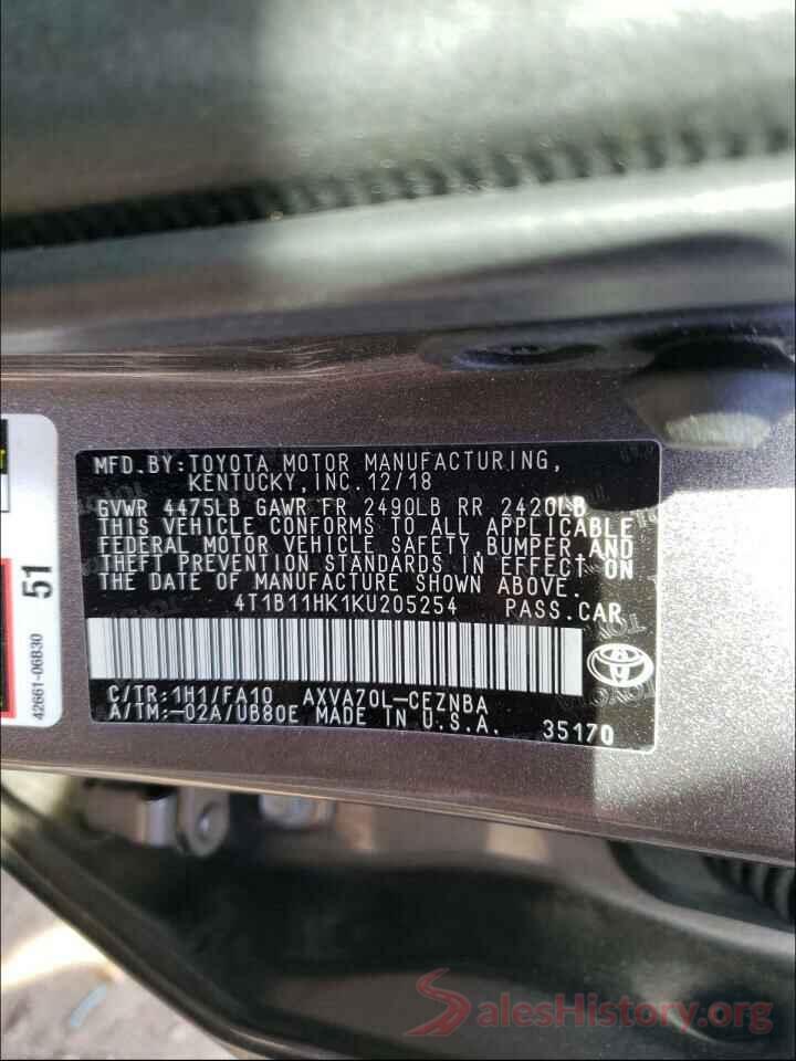 4T1B11HK1KU205254 2019 TOYOTA CAMRY