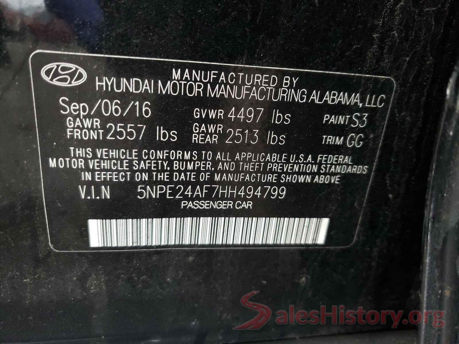 5NPE24AF7HH494799 2017 HYUNDAI SONATA