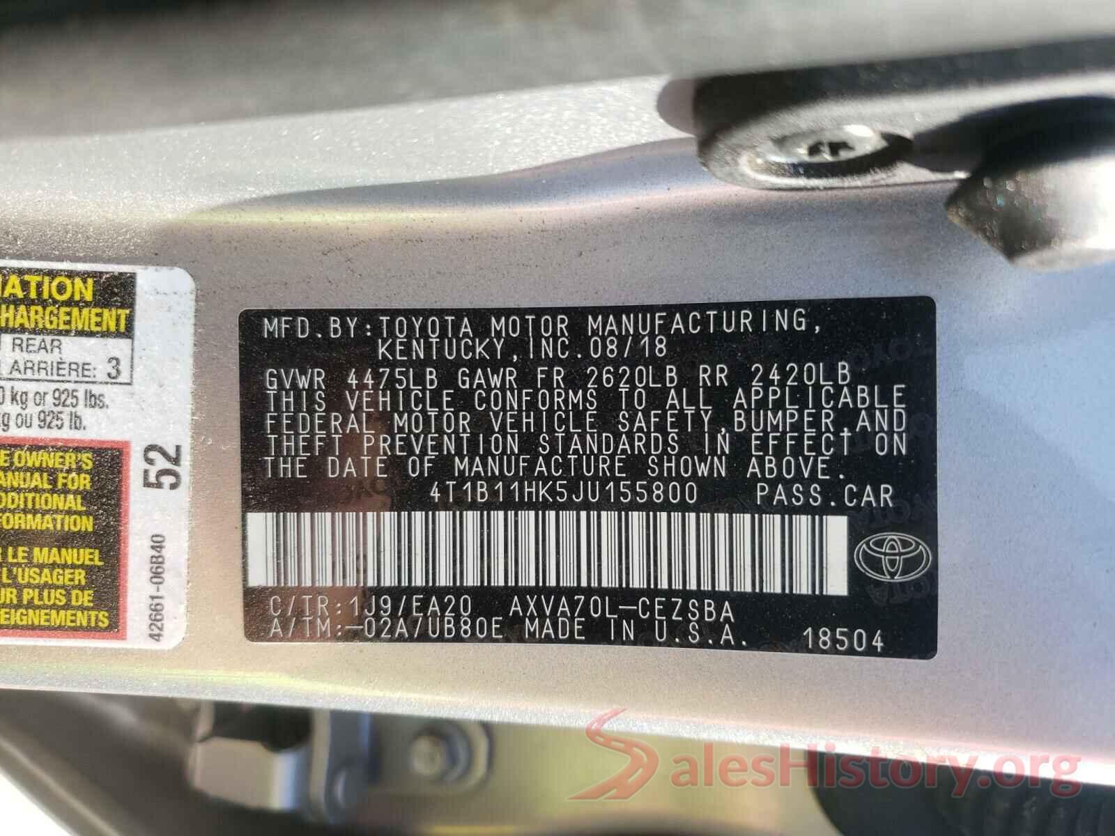 4T1B11HK5JU155800 2018 TOYOTA CAMRY