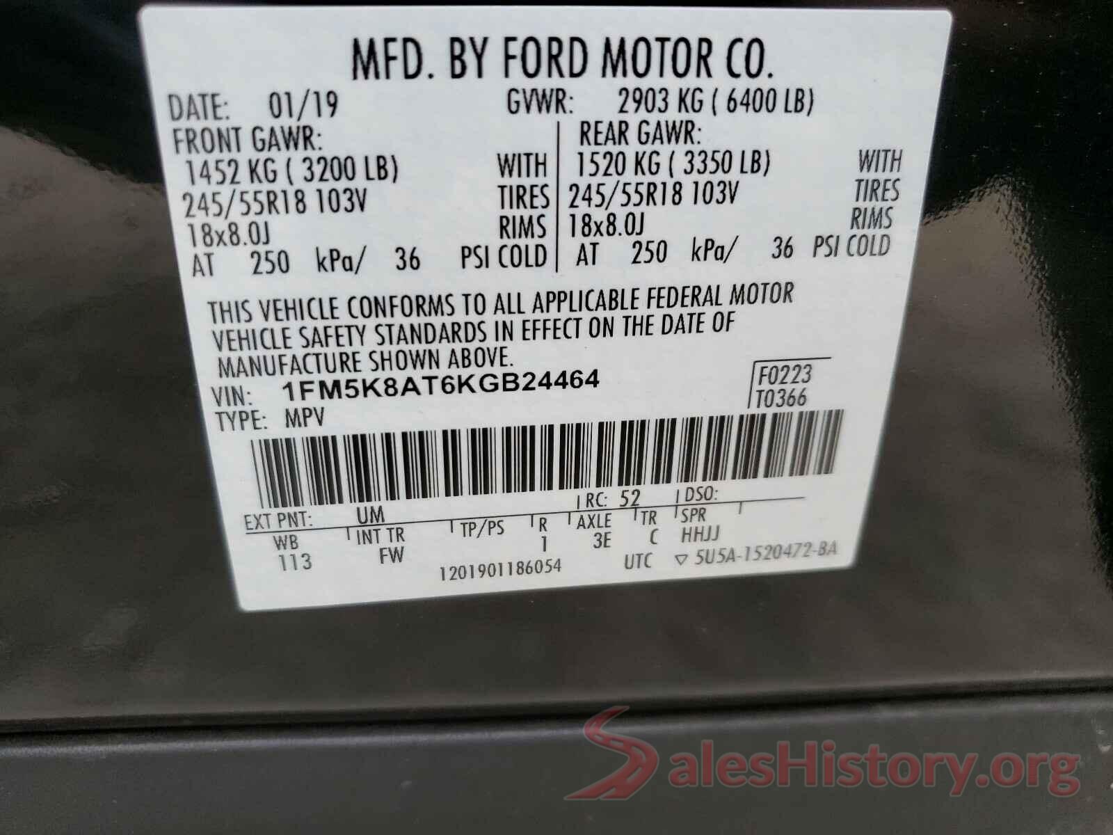 1FM5K8AT6KGB24464 2019 FORD EXPLORER