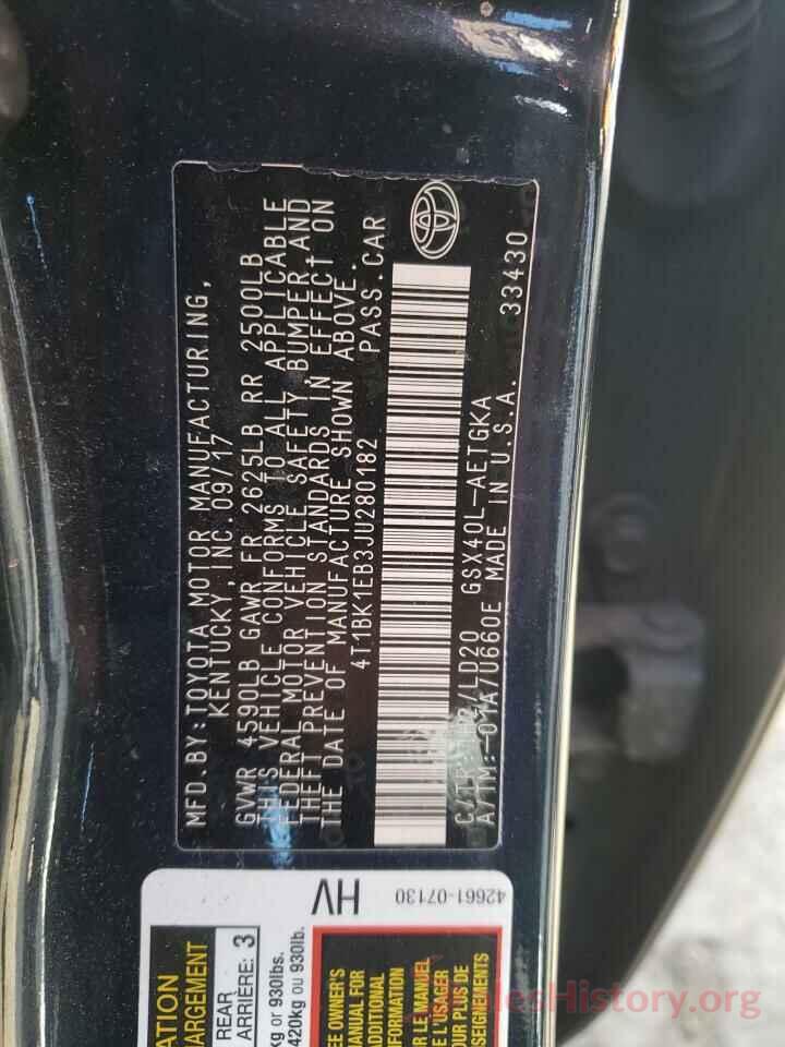 4T1BK1EB3JU280182 2018 TOYOTA AVALON