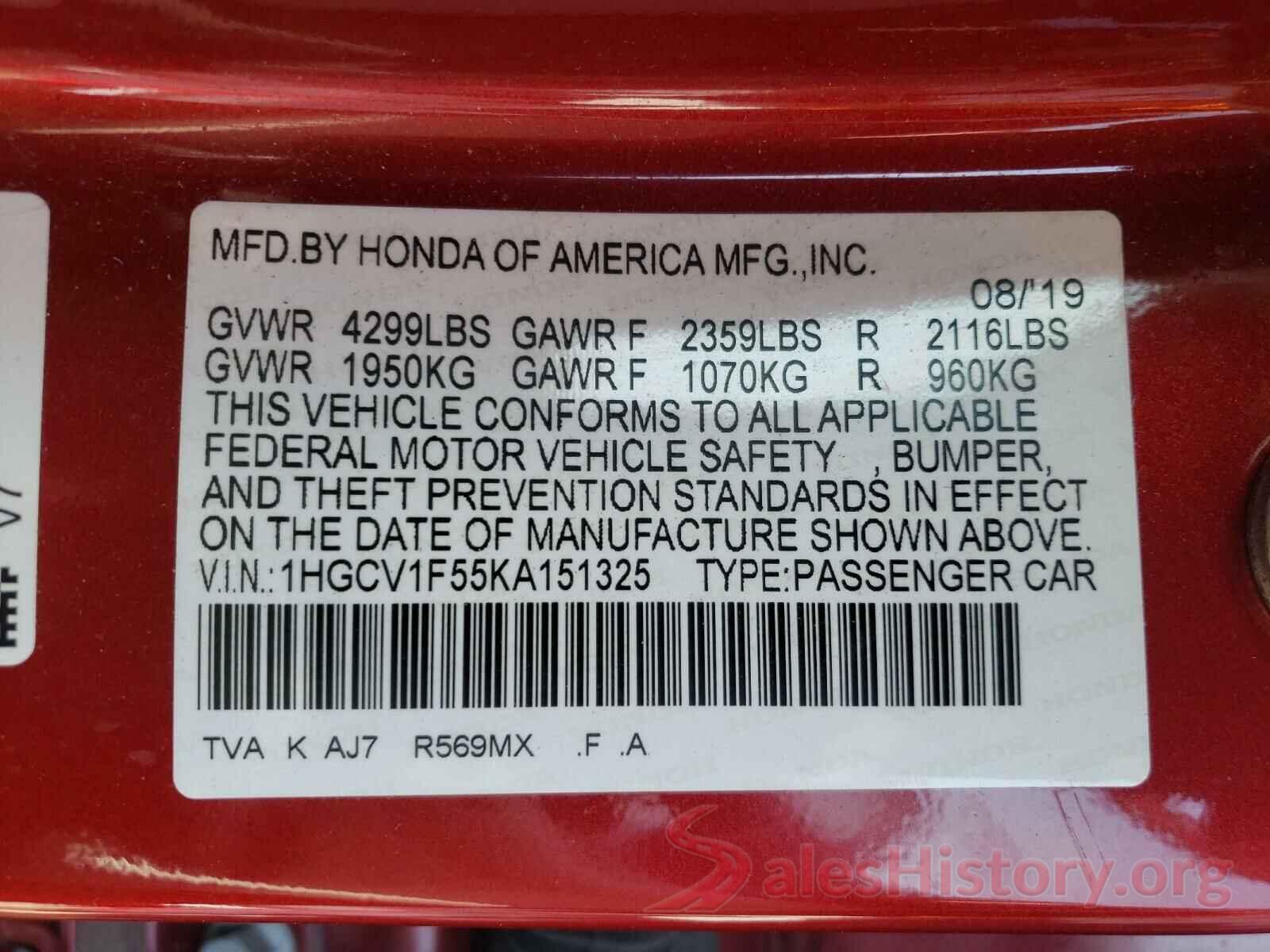 1HGCV1F55KA151325 2019 HONDA ACCORD