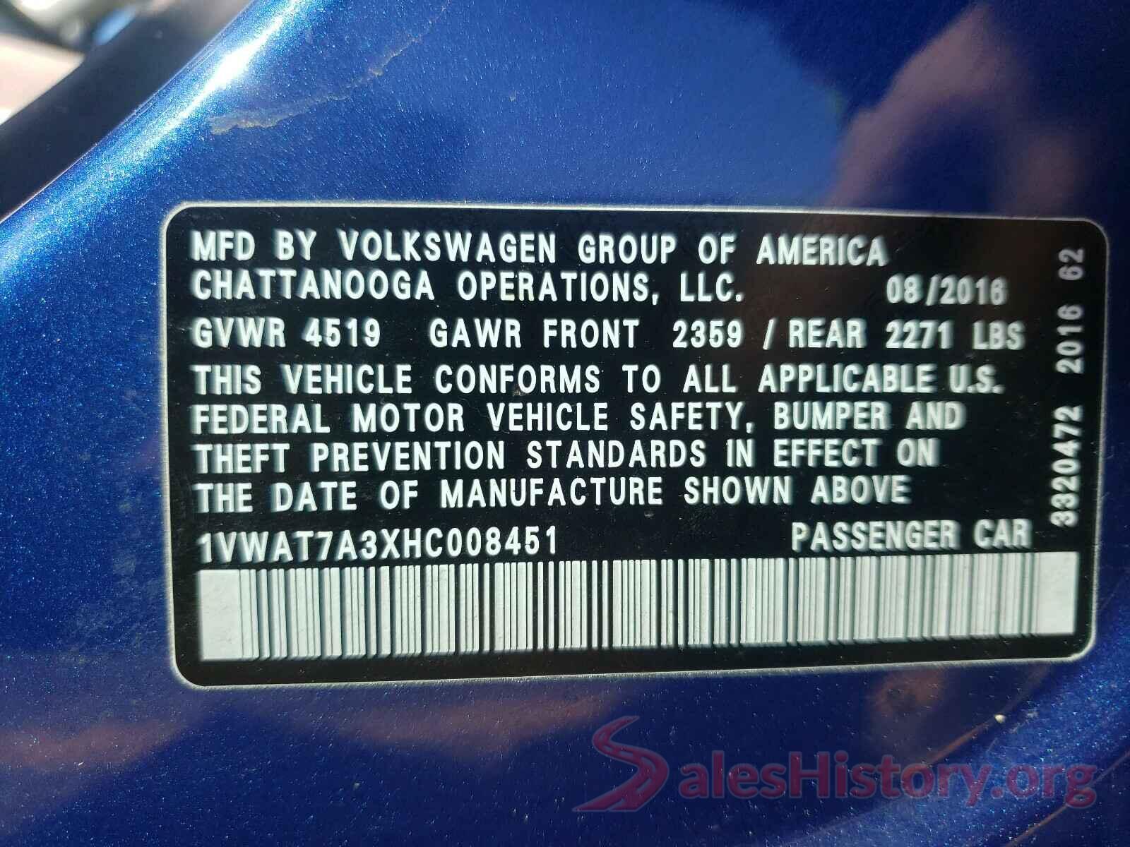 1VWAT7A3XHC008451 2017 VOLKSWAGEN PASSAT