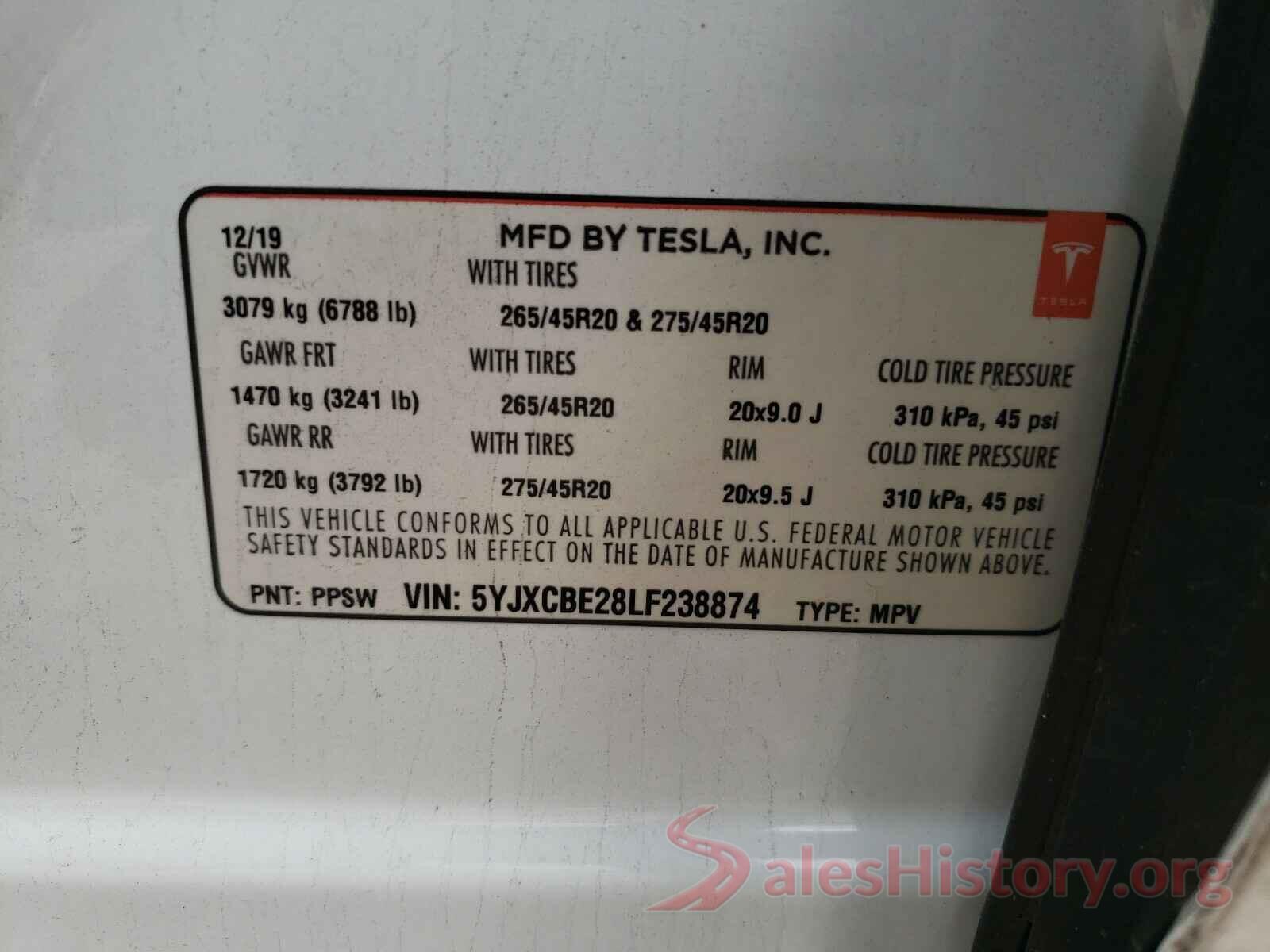 5YJXCBE28LF238874 2020 TESLA MODEL X