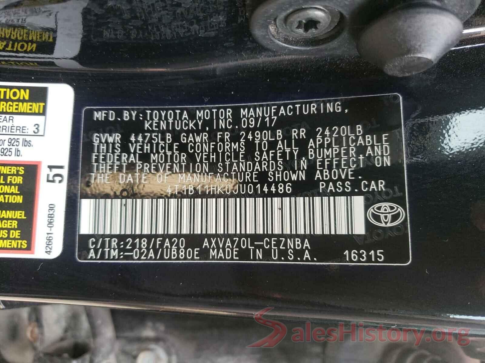 4T1B11HK0JU014486 2018 TOYOTA CAMRY