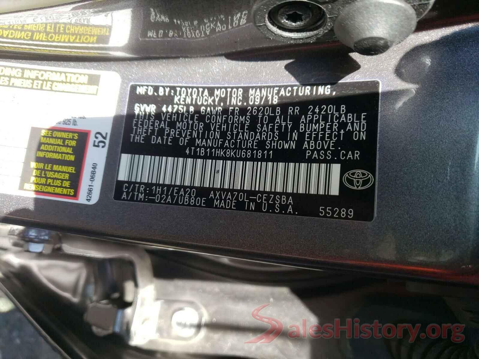 4T1B11HK8KU681811 2019 TOYOTA CAMRY