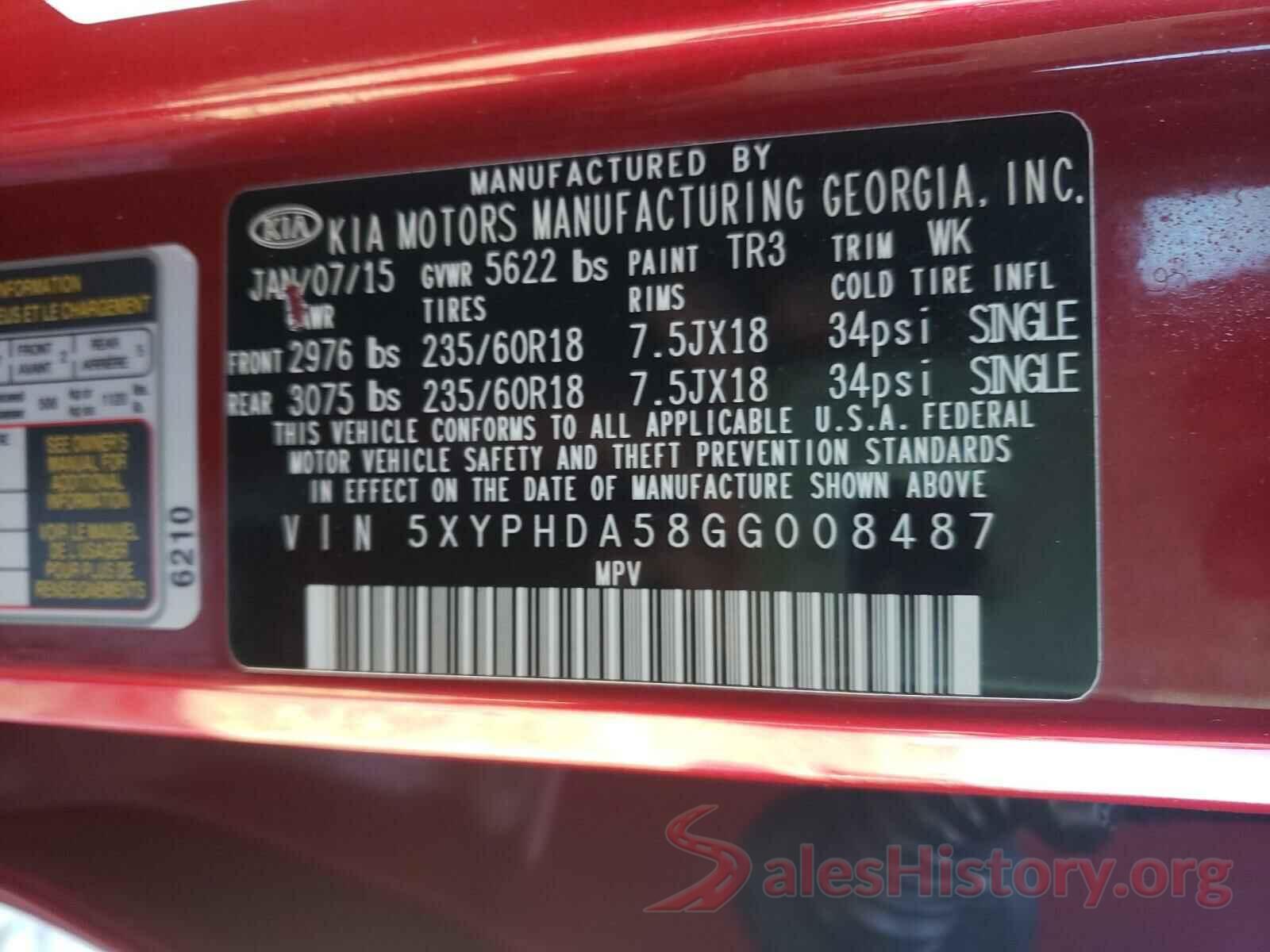 5XYPHDA58GG008487 2016 KIA SORENTO