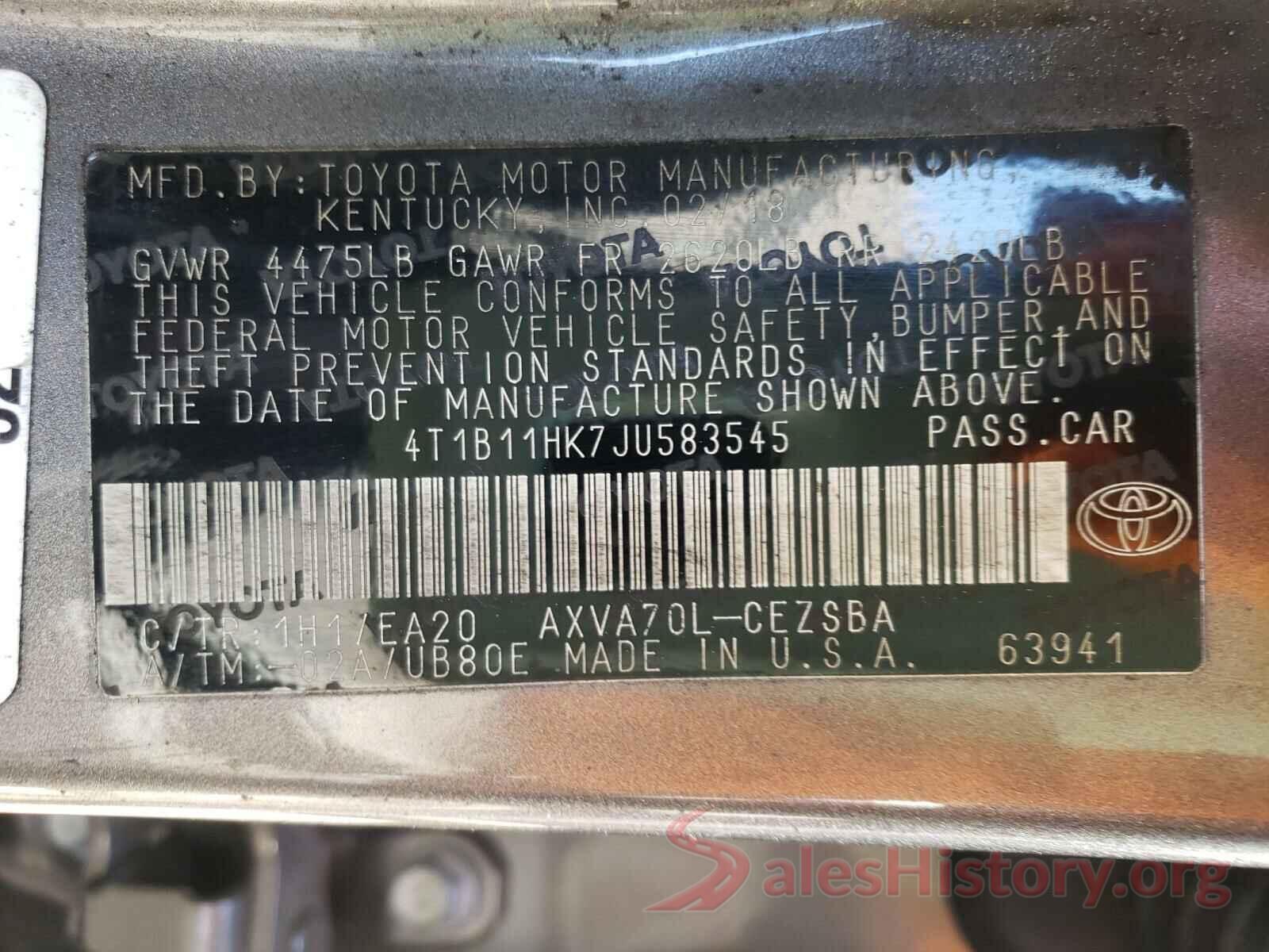 4T1B11HK7JU583545 2018 TOYOTA CAMRY