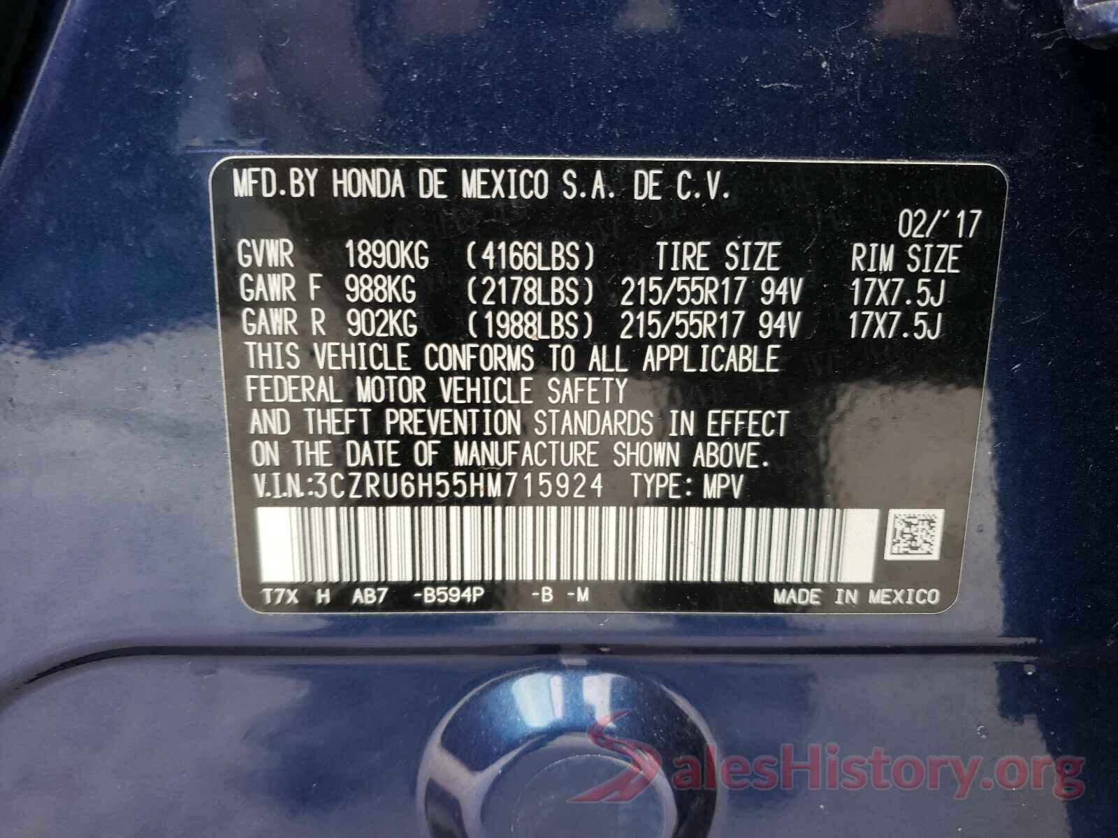 3CZRU6H55HM715924 2017 HONDA HR-V