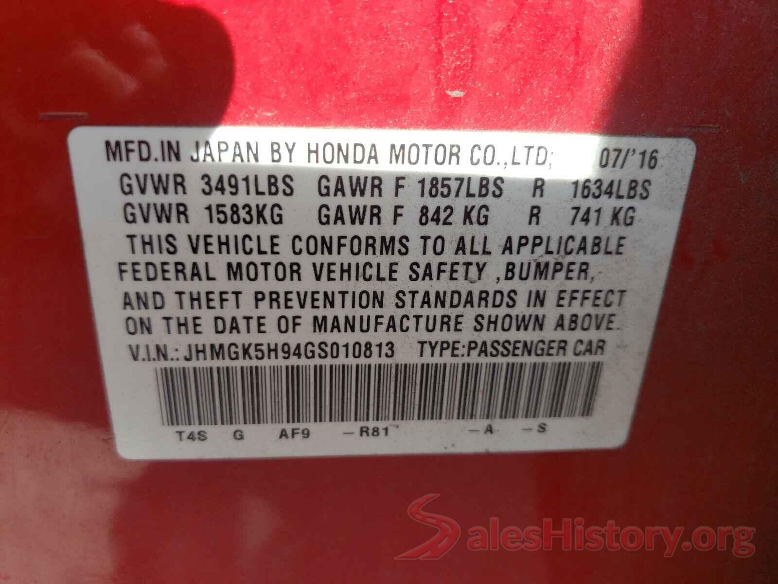 JHMGK5H94GS010813 2016 HONDA FIT