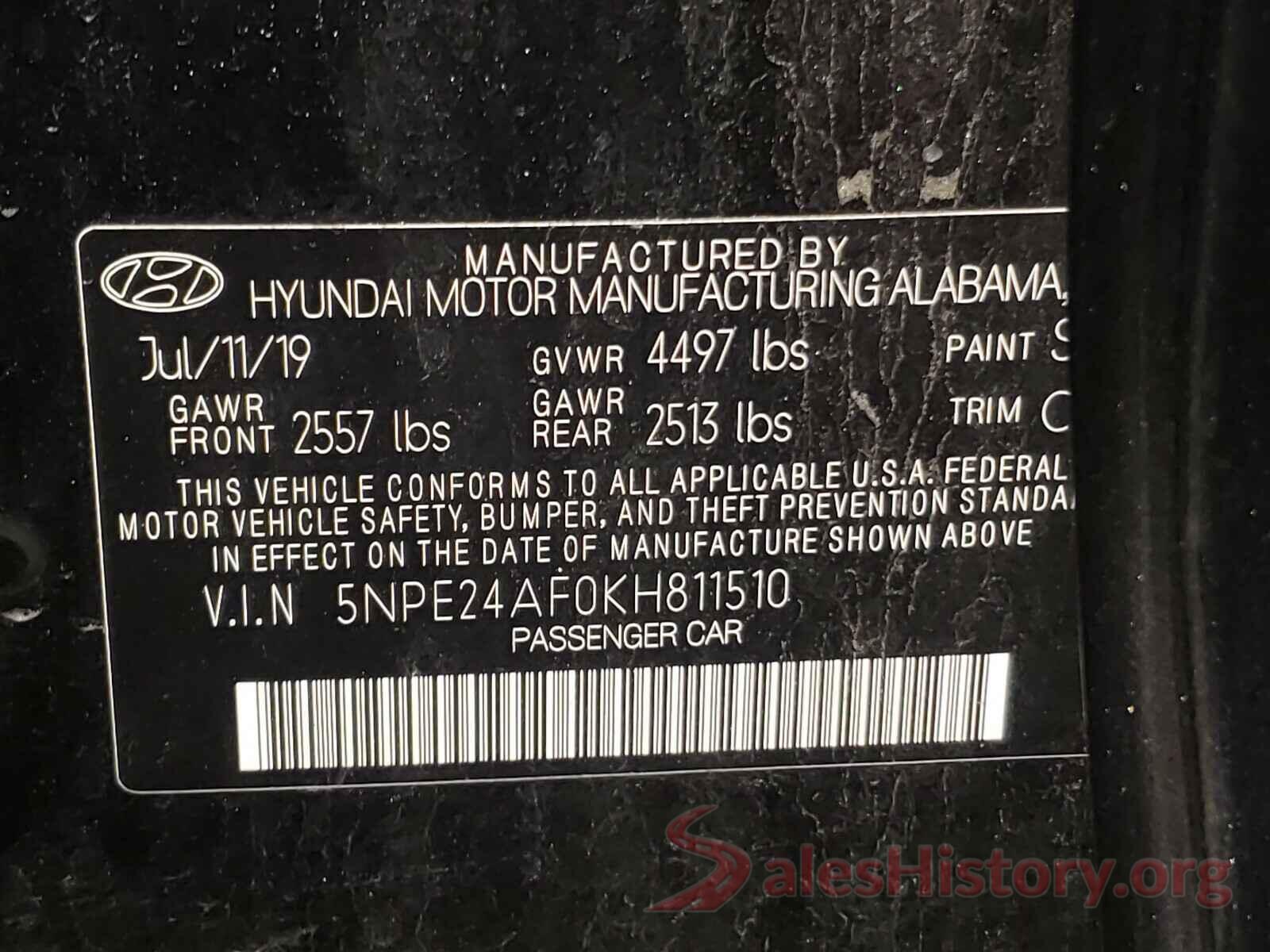 5NPE24AF0KH811510 2019 HYUNDAI SONATA