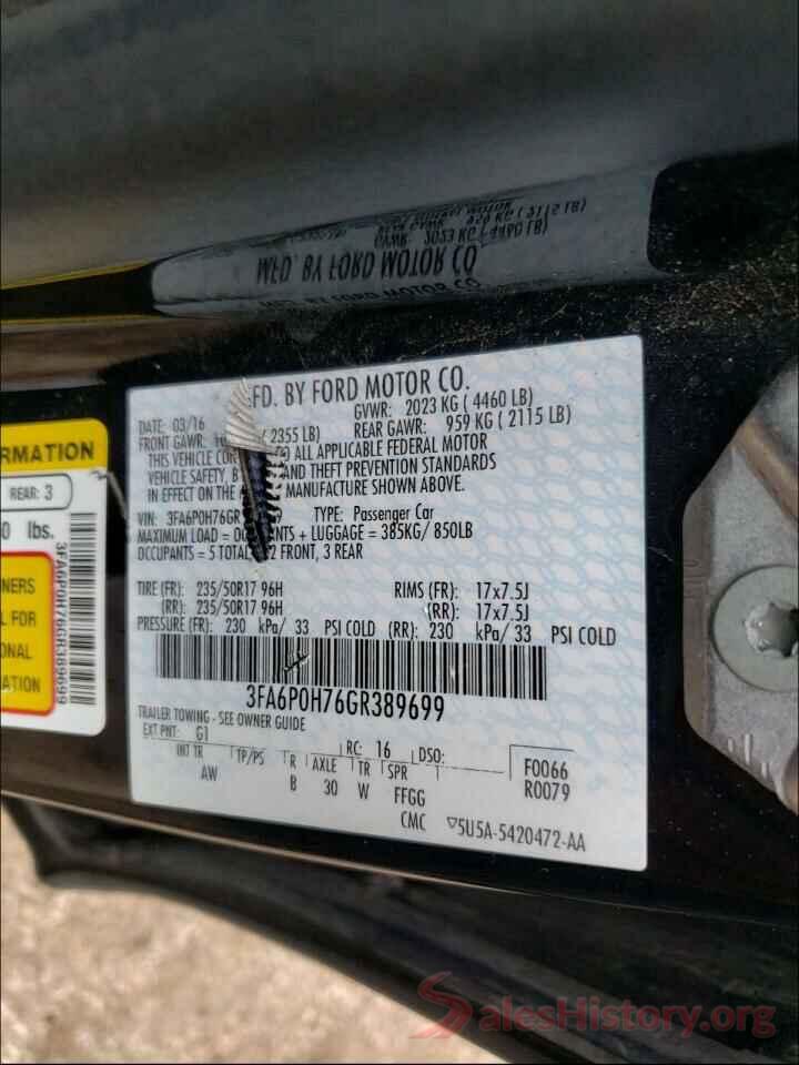 3FA6P0H76GR389699 2016 FORD FUSION