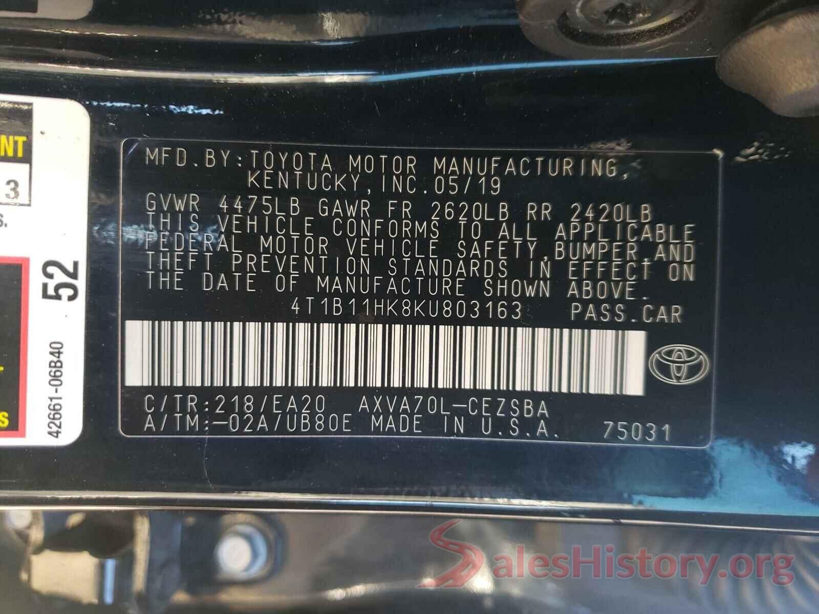 4T1B11HK8KU803163 2019 TOYOTA CAMRY