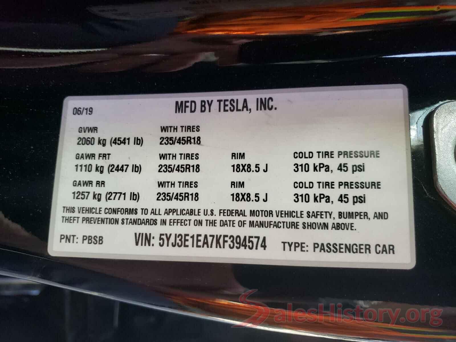 5YJ3E1EA7KF394574 2019 TESLA MODEL 3