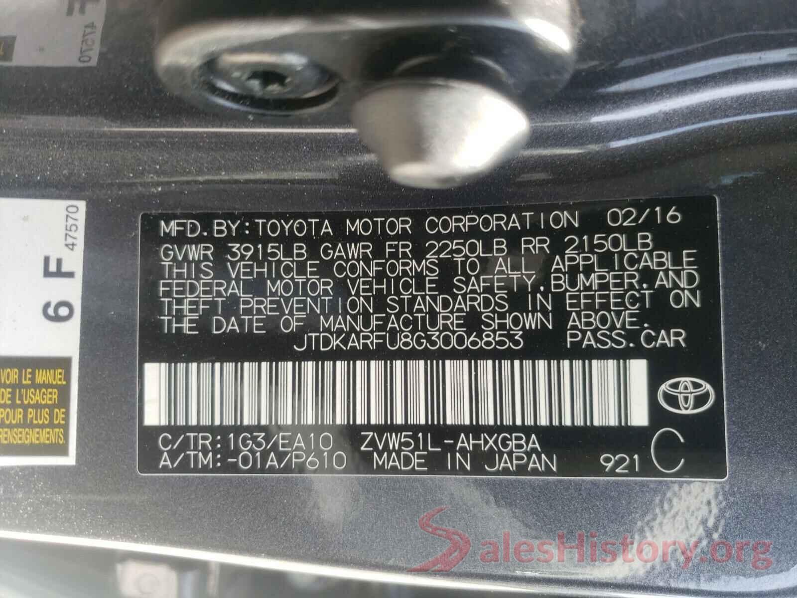 JTDKARFU8G3006853 2016 TOYOTA PRIUS