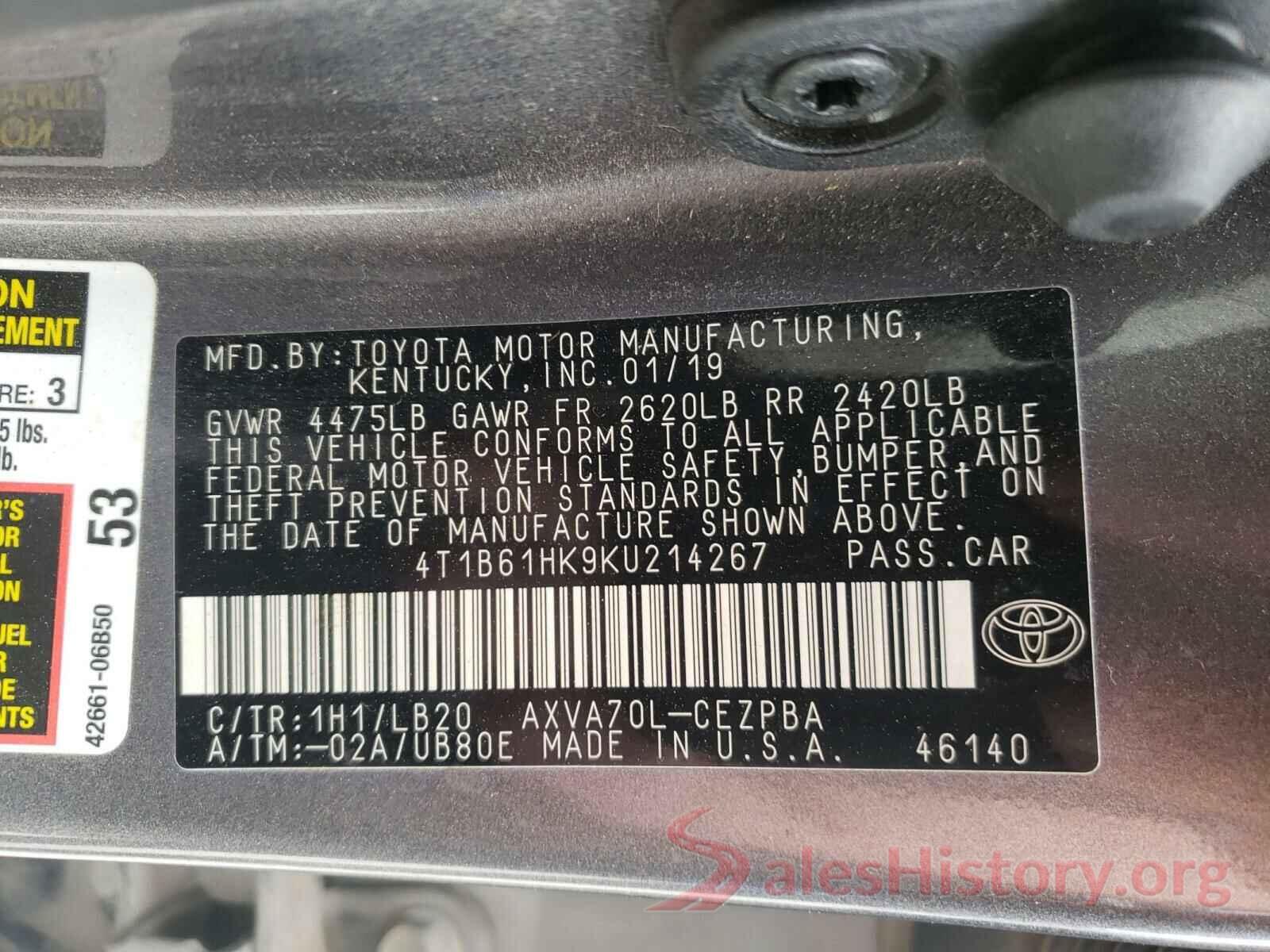 4T1B61HK9KU214267 2019 TOYOTA CAMRY