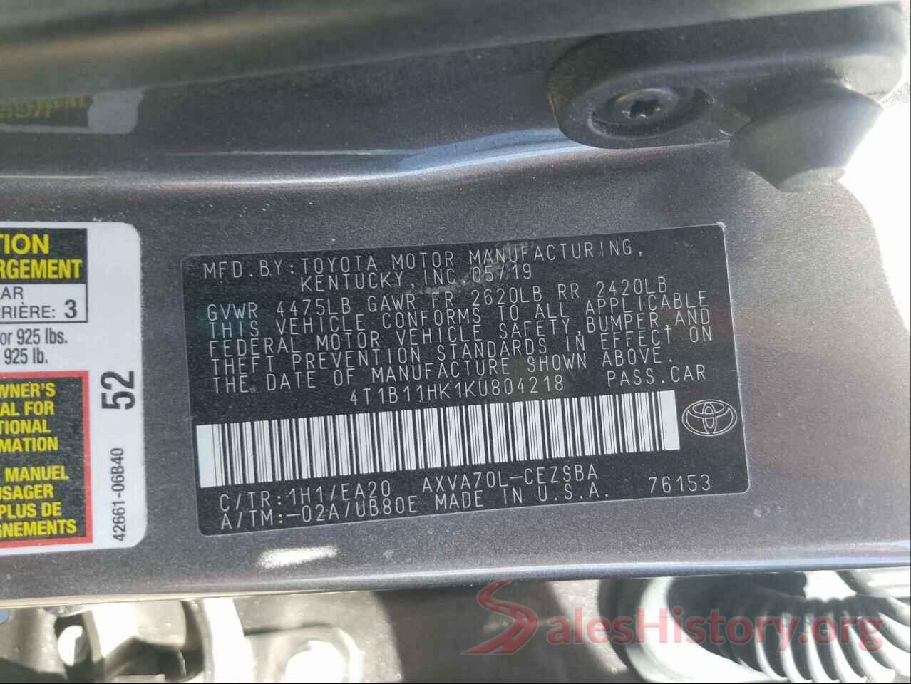 4T1B11HK1KU804218 2019 TOYOTA CAMRY