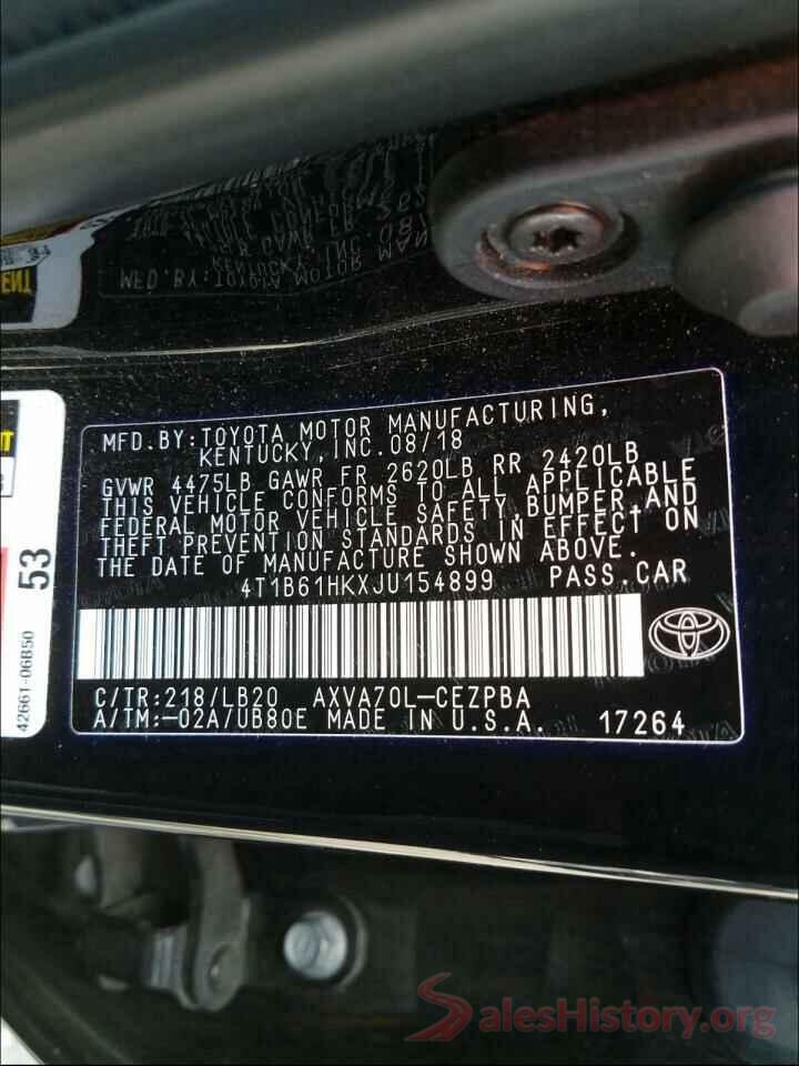 4T1B61HKXJU154899 2018 TOYOTA CAMRY