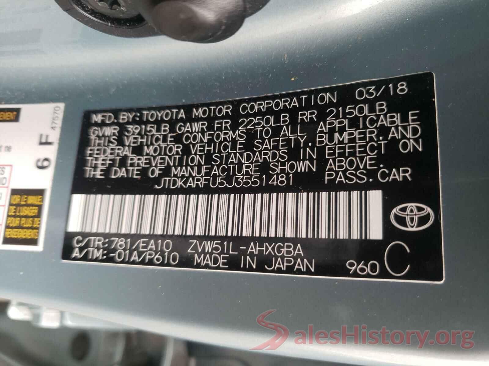 JTDKARFU5J3551481 2018 TOYOTA PRIUS