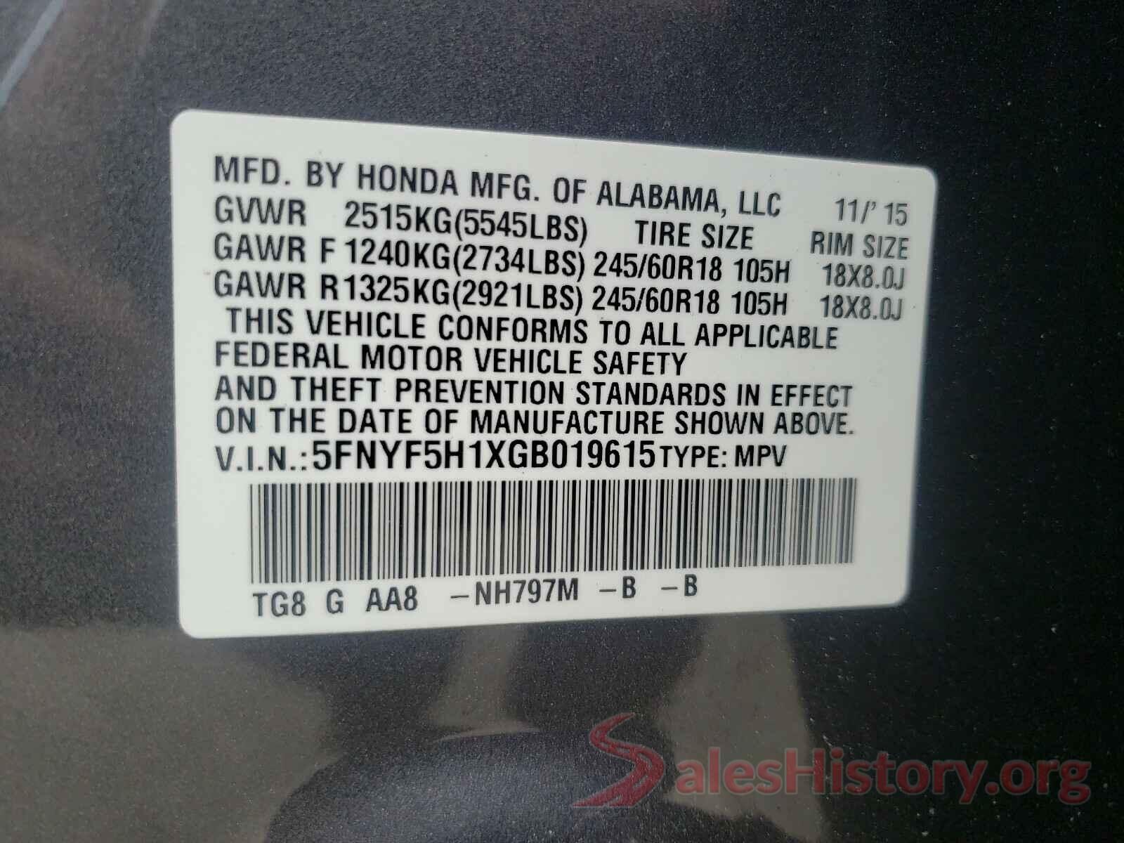 5FNYF5H1XGB019615 2016 HONDA PILOT