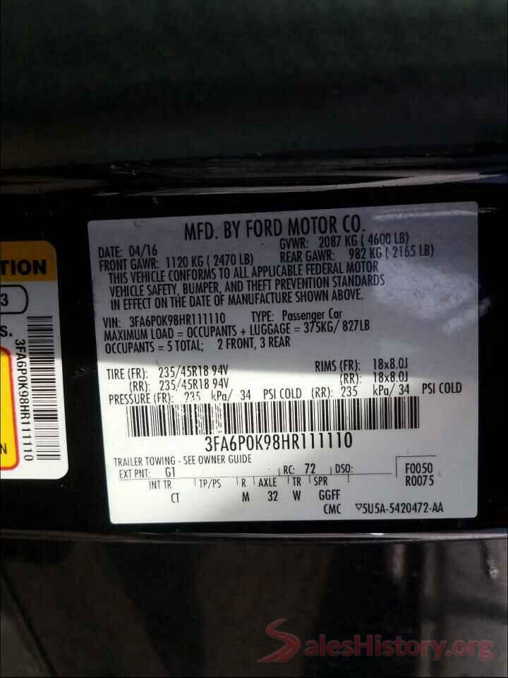 3FA6P0K98HR111110 2017 FORD FUSION