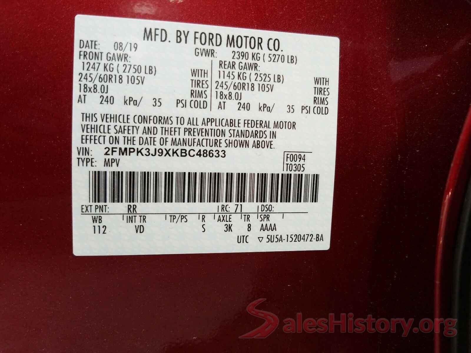 2FMPK3J9XKBC48633 2019 FORD EDGE