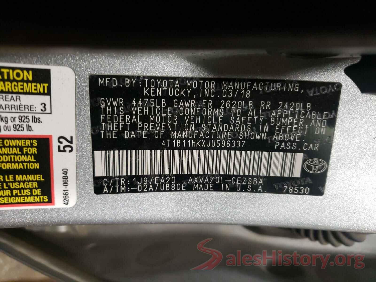 4T1B11HKXJU596337 2018 TOYOTA CAMRY