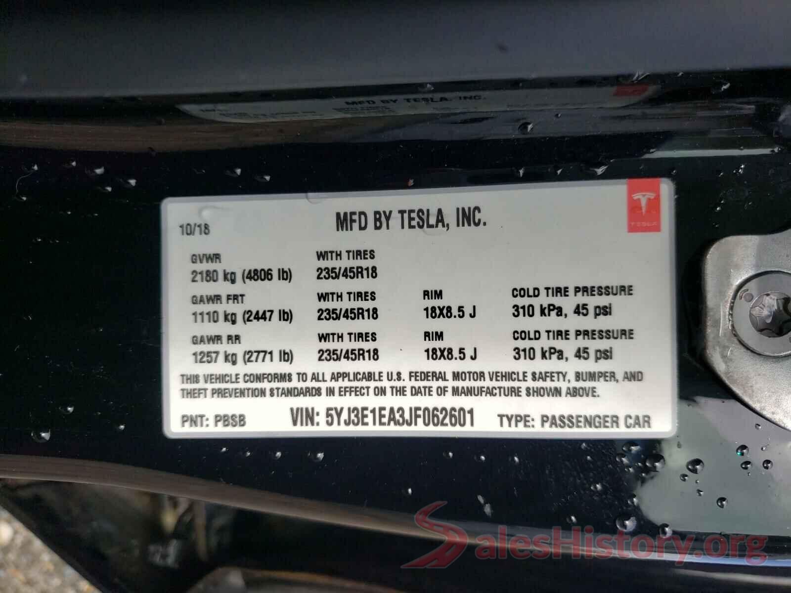 5YJ3E1EA3JF062601 2018 TESLA MODEL 3