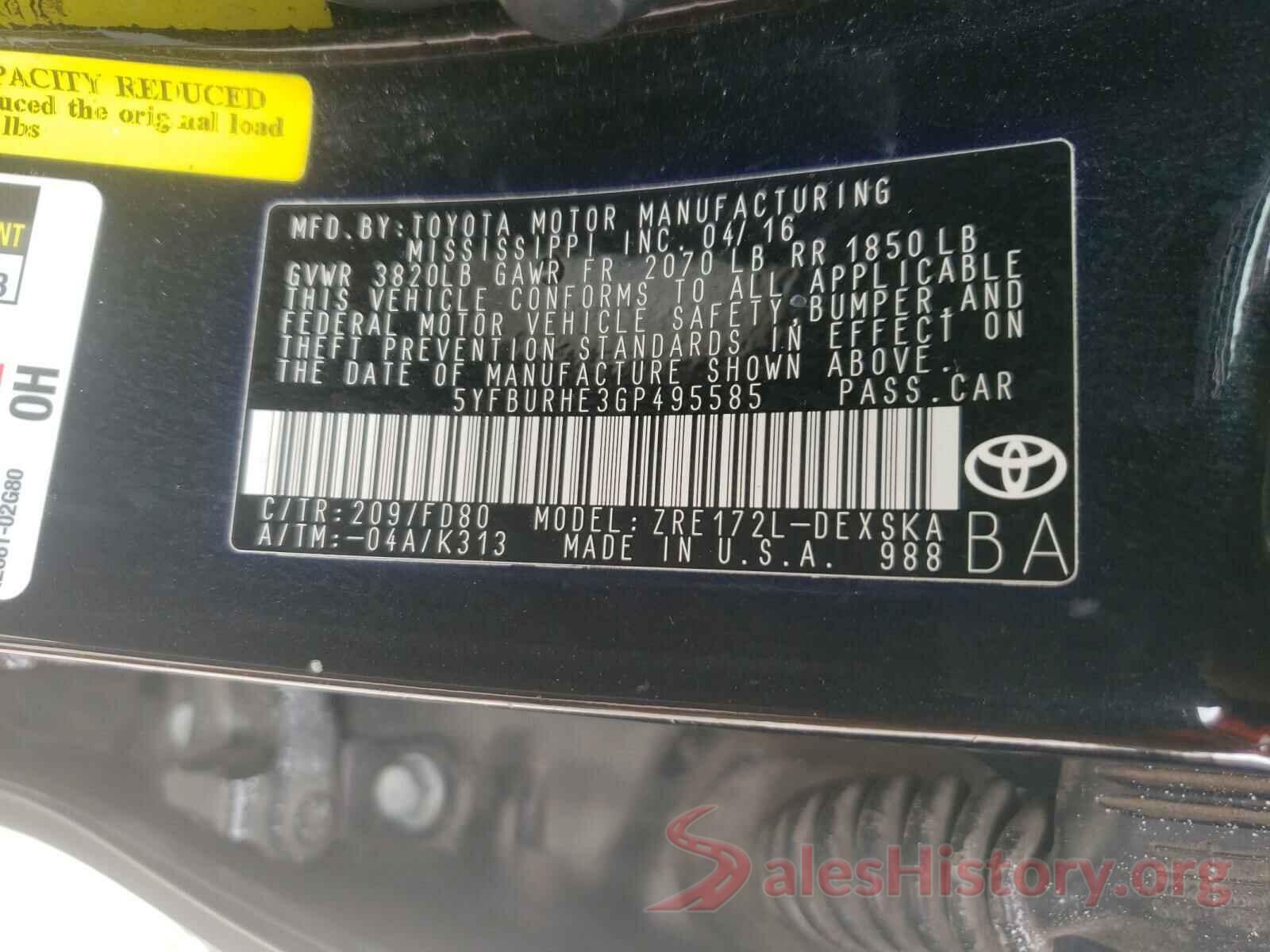 5YFBURHE3GP495585 2016 TOYOTA COROLLA