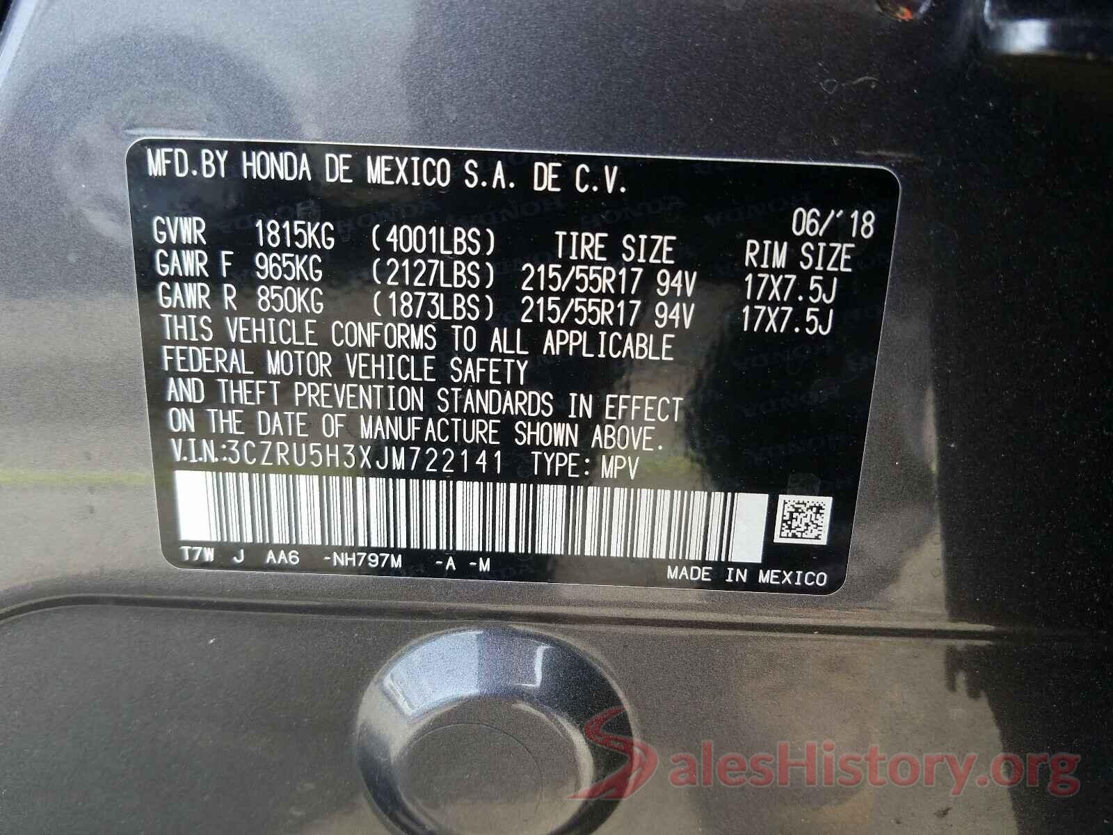 3CZRU5H3XJM722141 2018 HONDA HR-V