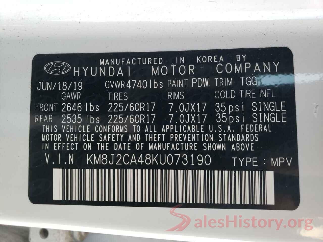 KM8J2CA48KU073190 2019 HYUNDAI TUCSON