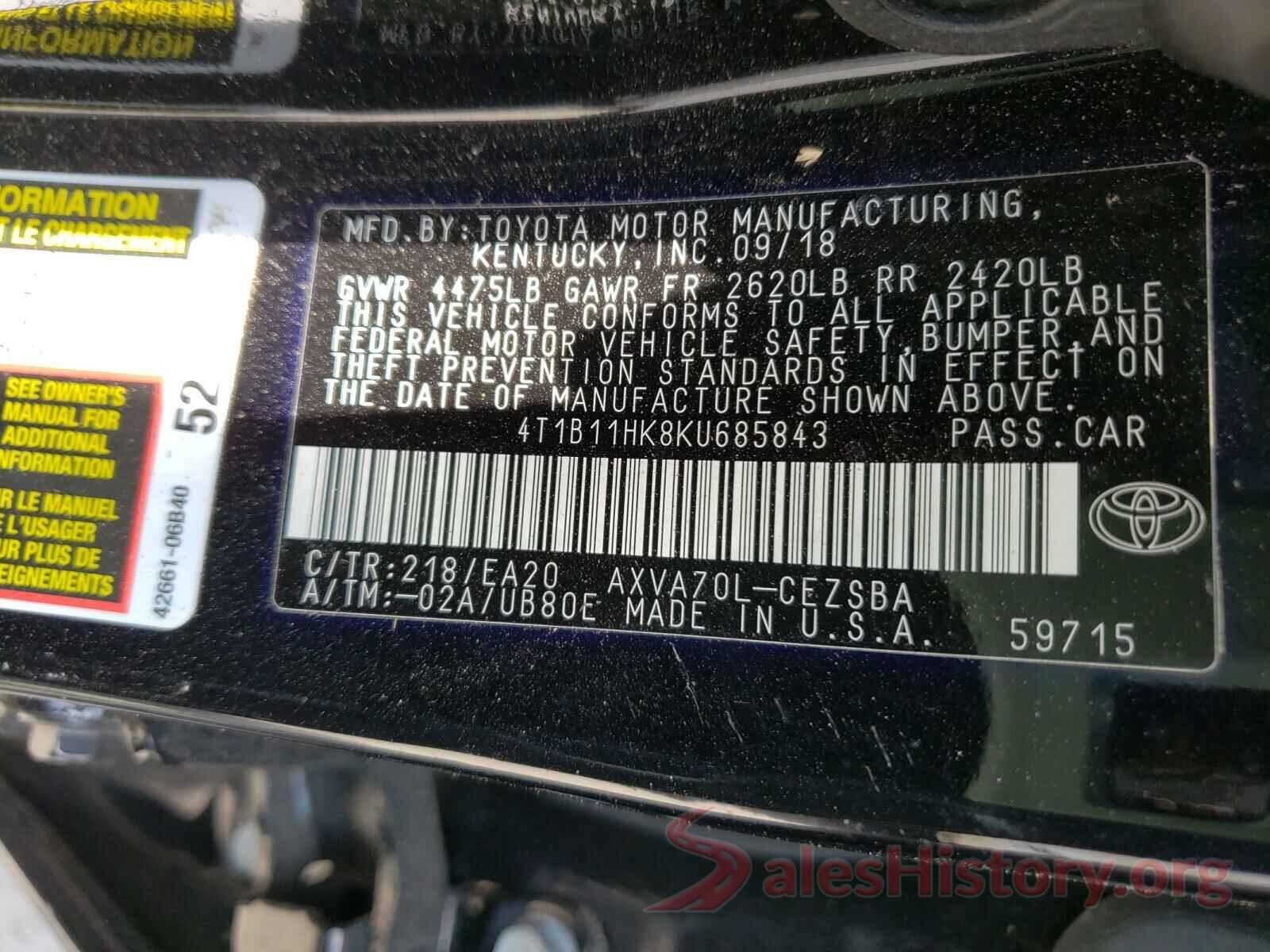 4T1B11HK8KU685843 2019 TOYOTA CAMRY