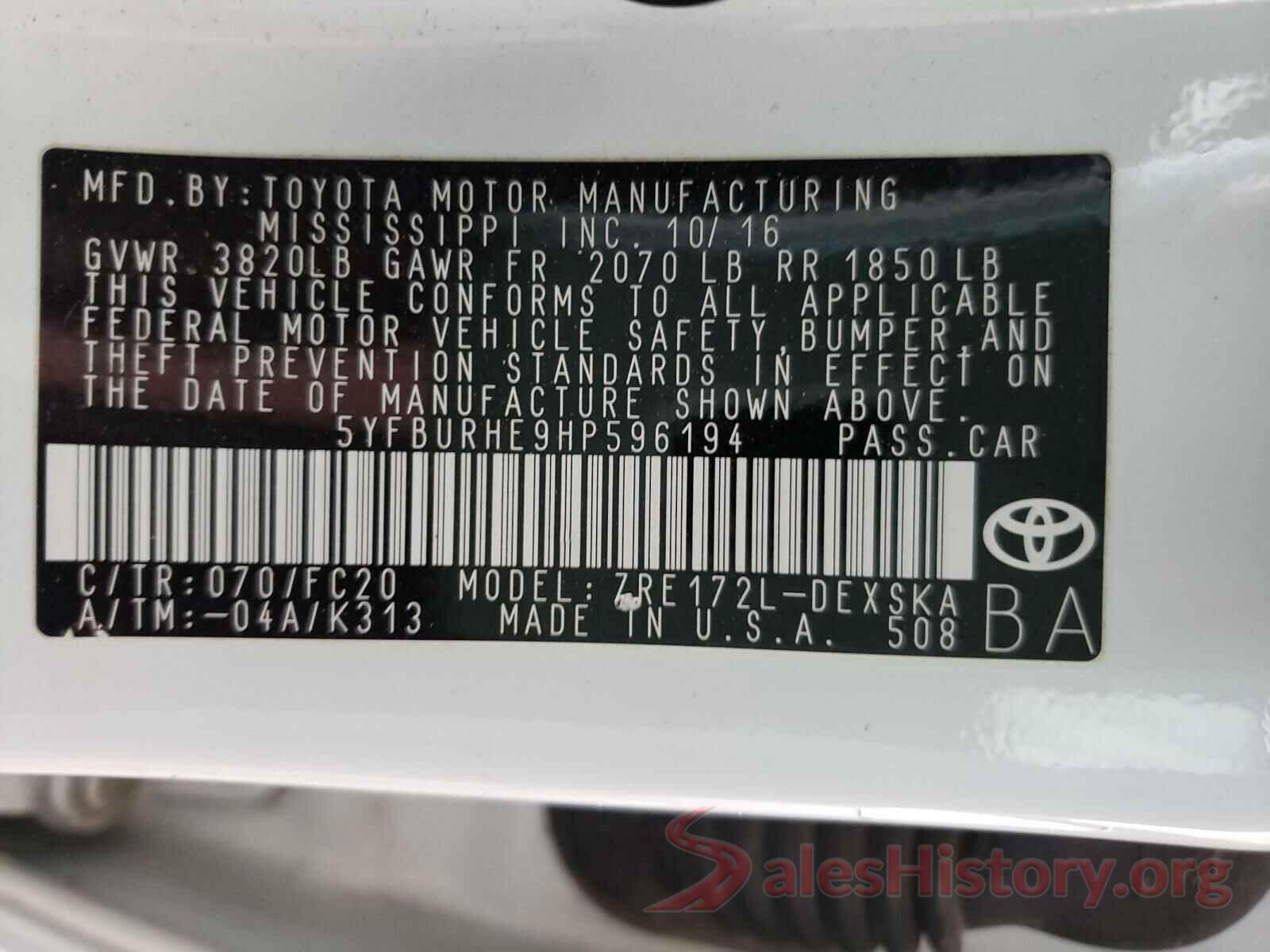 5YFBURHE9HP596194 2017 TOYOTA COROLLA