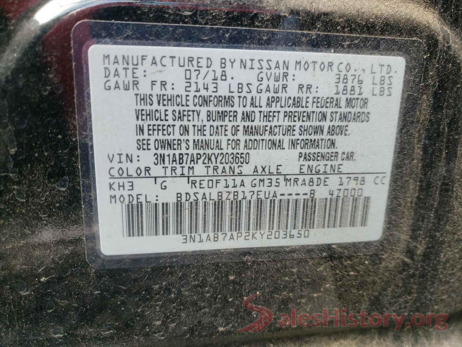 3N1AB7AP2KY203650 2019 NISSAN SENTRA