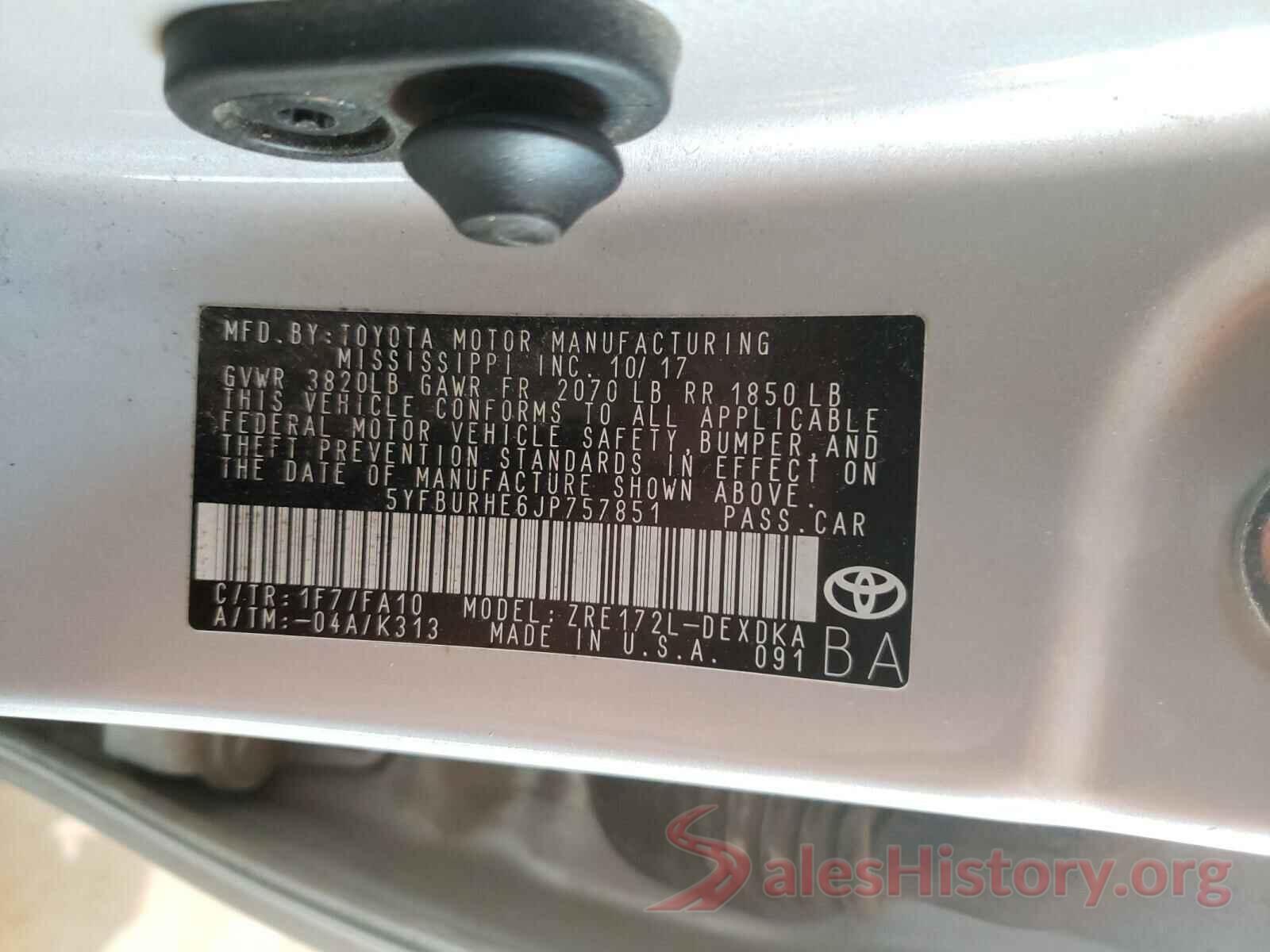 5YFBURHE6JP757851 2018 TOYOTA COROLLA