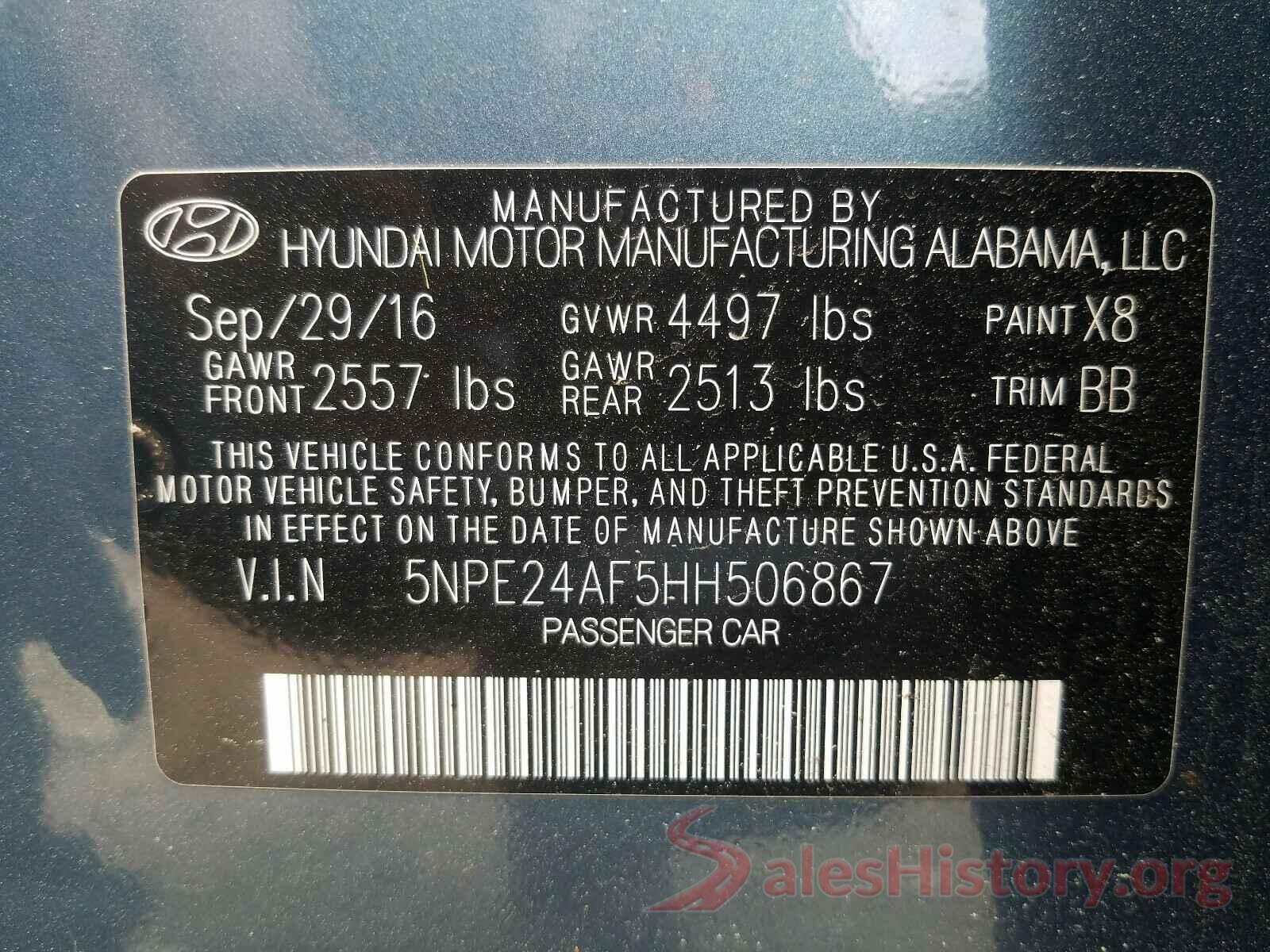 5NPE24AF5HH506867 2017 HYUNDAI SONATA